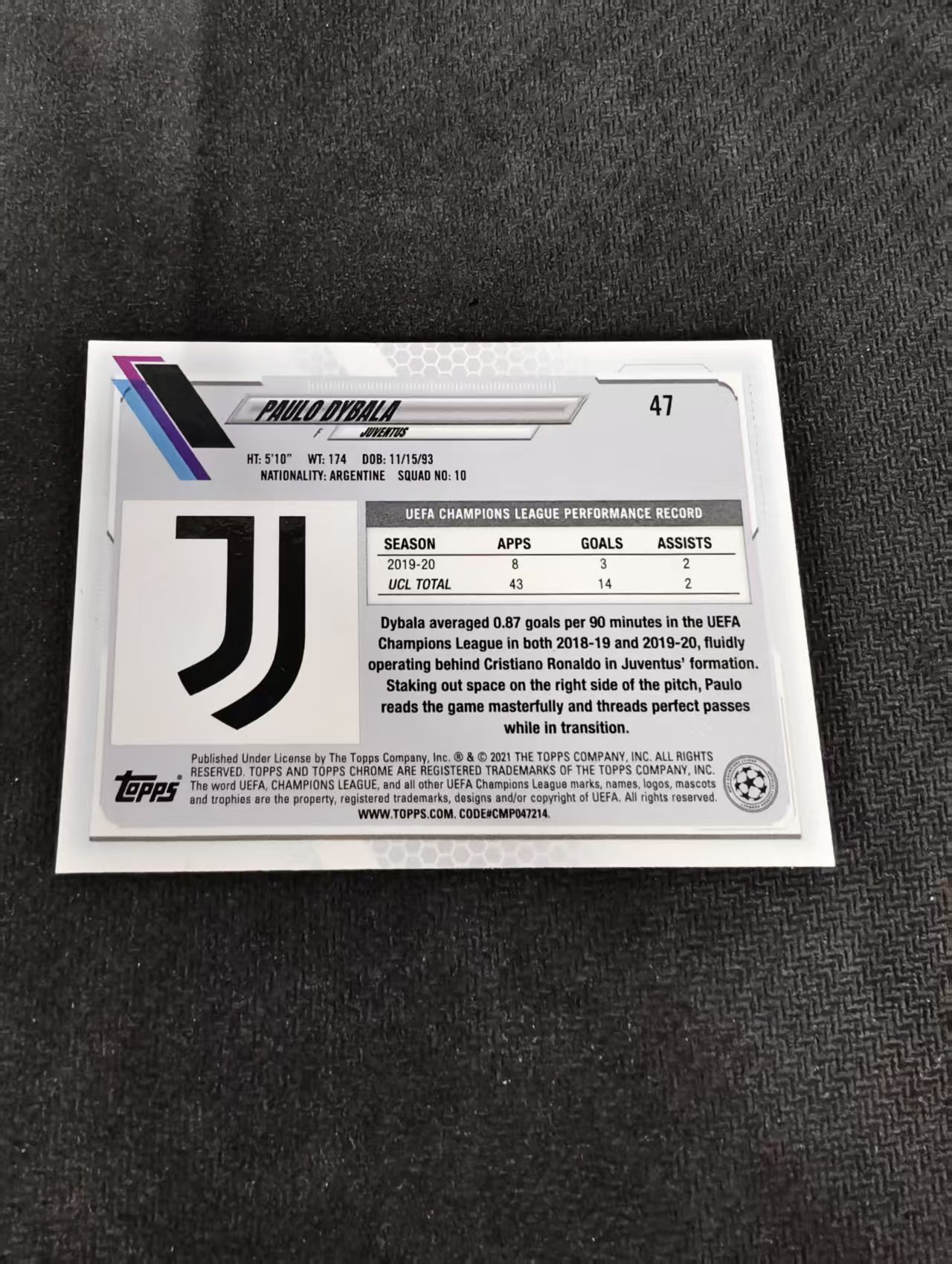 【可合并,不累计】2021 Topps Chrome Paulo Dybala TC 欧冠 蓝宝石 蓝碎冰 尤文图斯 迪巴拉 #47 不保卡品 介意勿拍