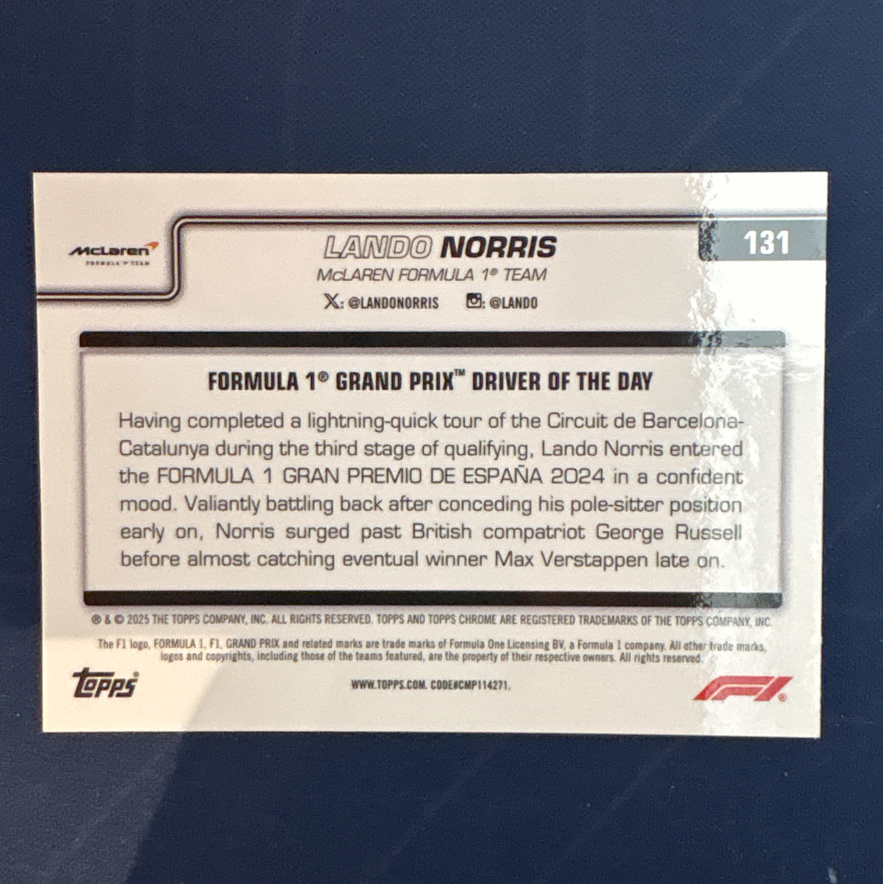 2025 Topps Chrome Lando Norris 【爆爆代卖】F1 75周年 兰多 诺里斯 19/250编 粉折 折射 迈凯伦 车队 西班牙当日最佳车手 专收必备 卡品如图 #冷哥