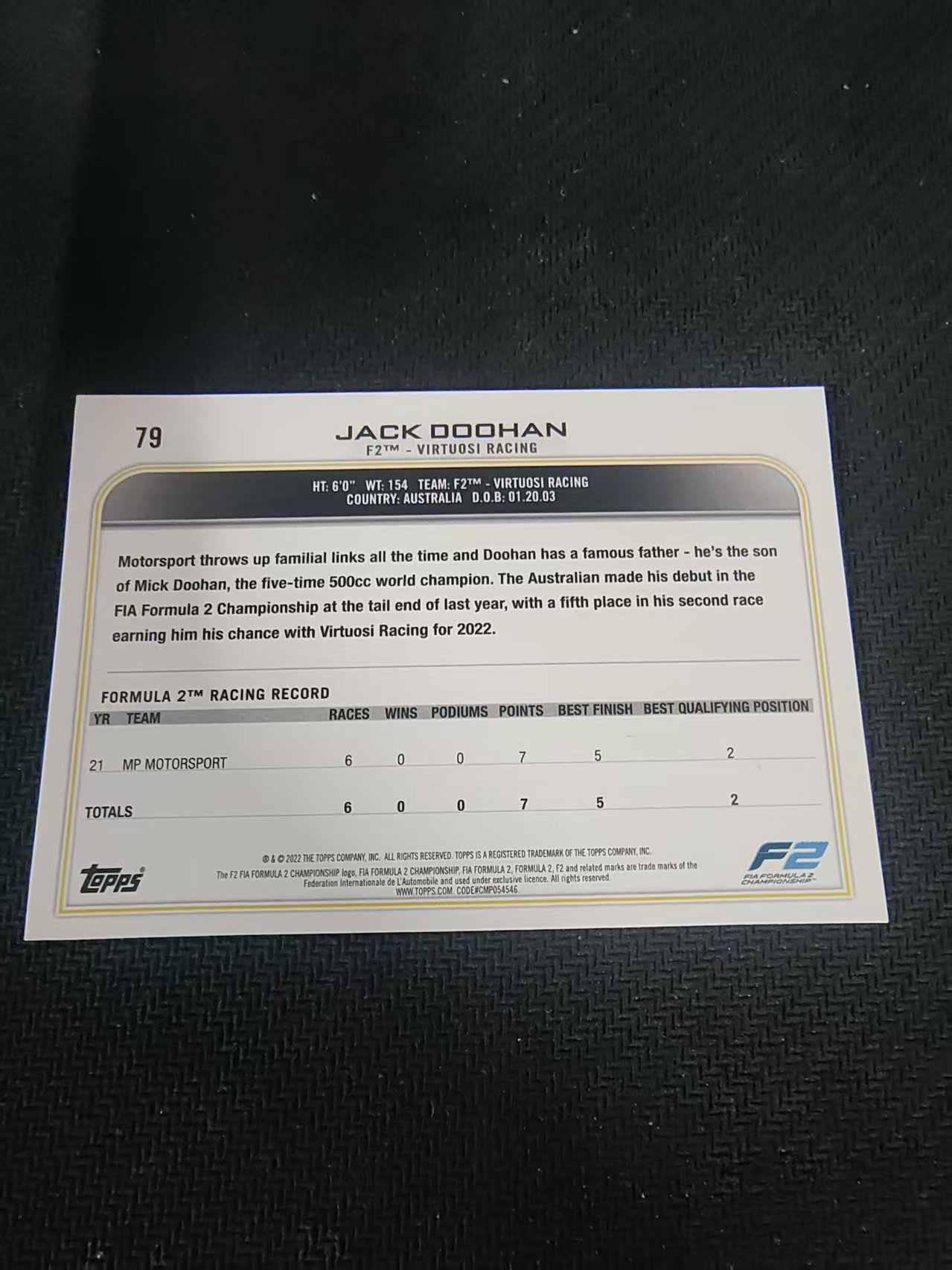 【汽水拍卖】2022 Topps Chrome F1 Jack Doohan 杰克 杜汉 F2 划痕 边角瑕疵 @79