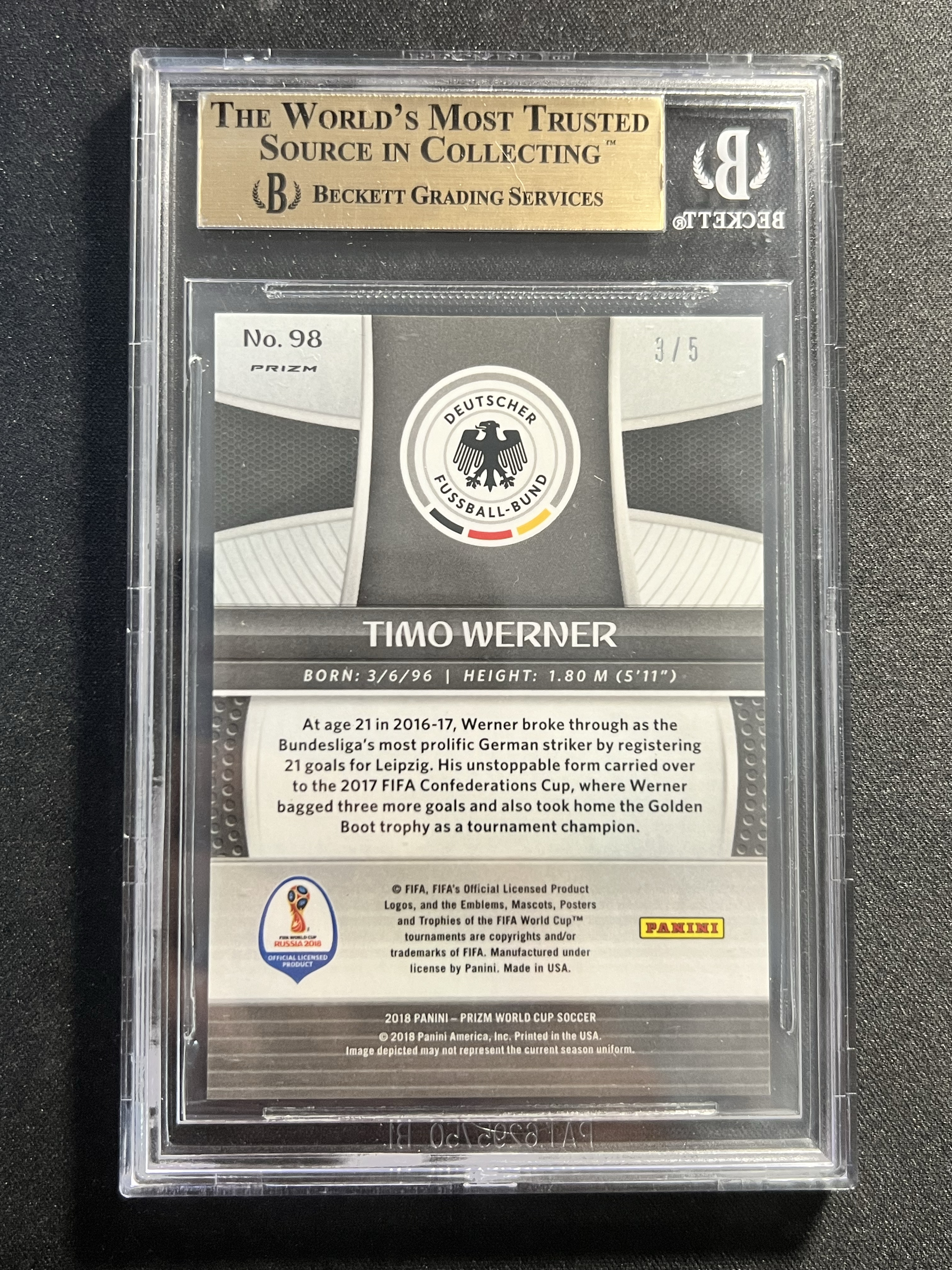 2018 Panini Prizm Timo Werner 世界杯pz 维尔纳 3/5编 爆金折正Base。金标BGS9.5!切尔西金色侦察机,德国提莫队长,莱比锡、热刺再创奇迹。【珞珈拍卖】