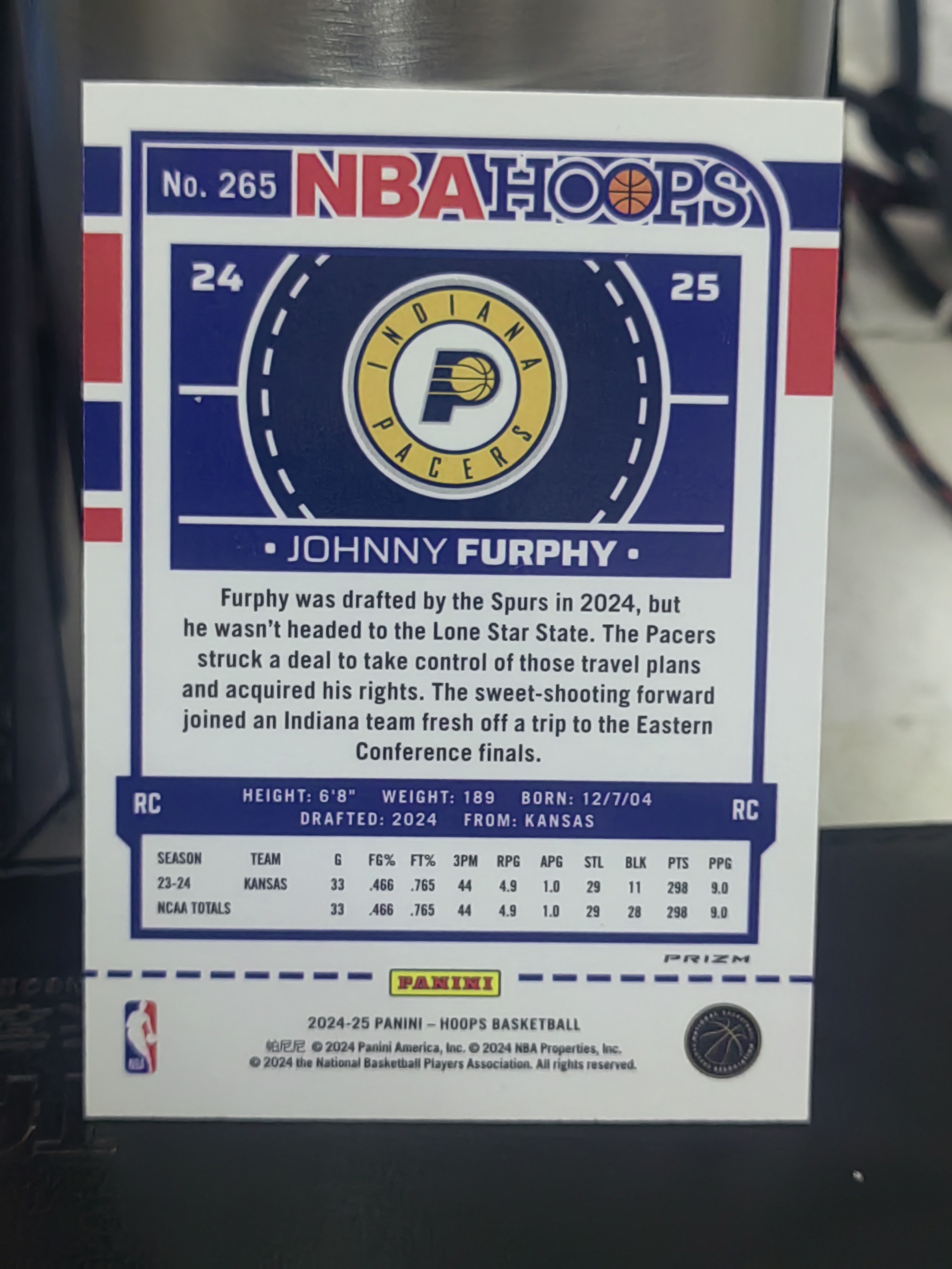 2024-25 Panini Hoops Johnny Furphy RC Hoops 新秀 雪花折 约翰尼 弗菲 步行者 篮 白边白角 不保卡品 卡品如图