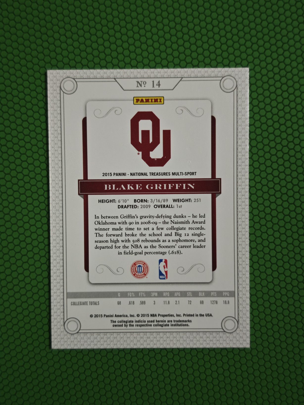 2015 Panini National Treasures Blake Griffin 国宝大学系列 快船 布雷克格里芬 白魔兽 1/1编base 早年湖水蓝 1of1 限量1张 瑕疵如图介意勿拍