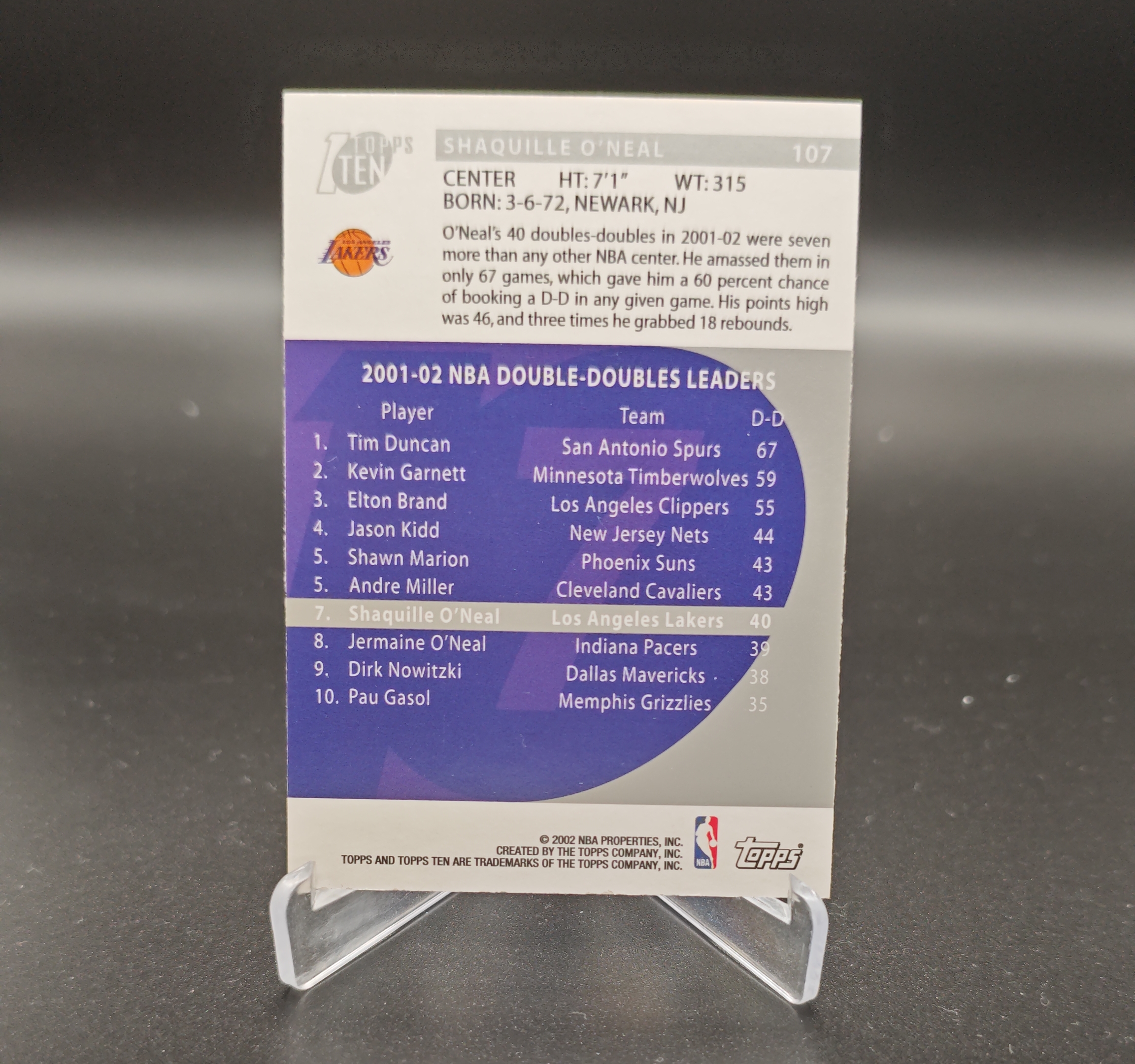 2001-02 Topps Ten Shaquille O'Neal #107 沙奎尔 奥尼尔 鲨鱼 SHAQ 洛杉矶湖人 卡品如图