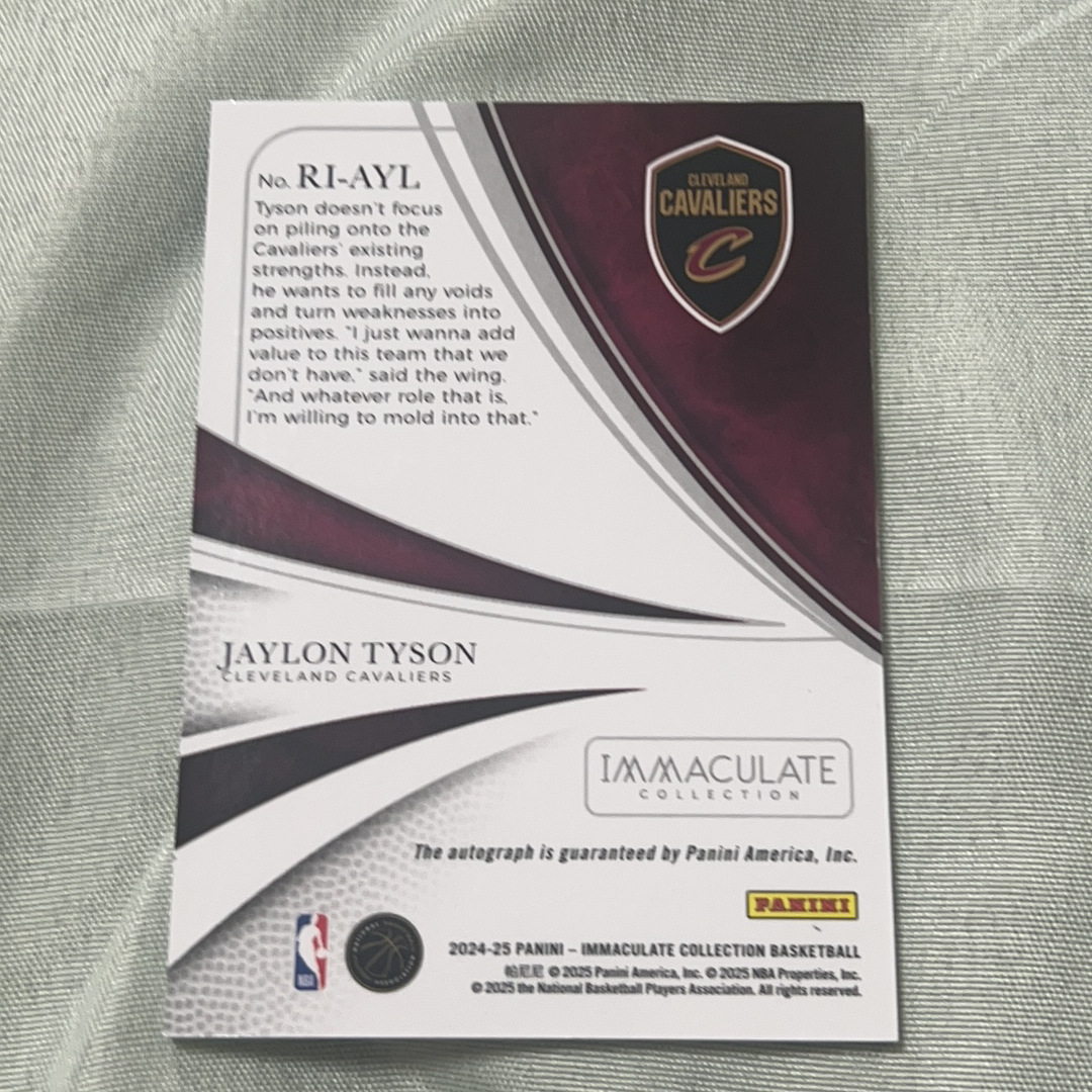 2024-25 Panini Immaculate Jaylon Tyson RC 杰隆 泰森 新秀 签字 卡签 骑士 99编 介绍签
