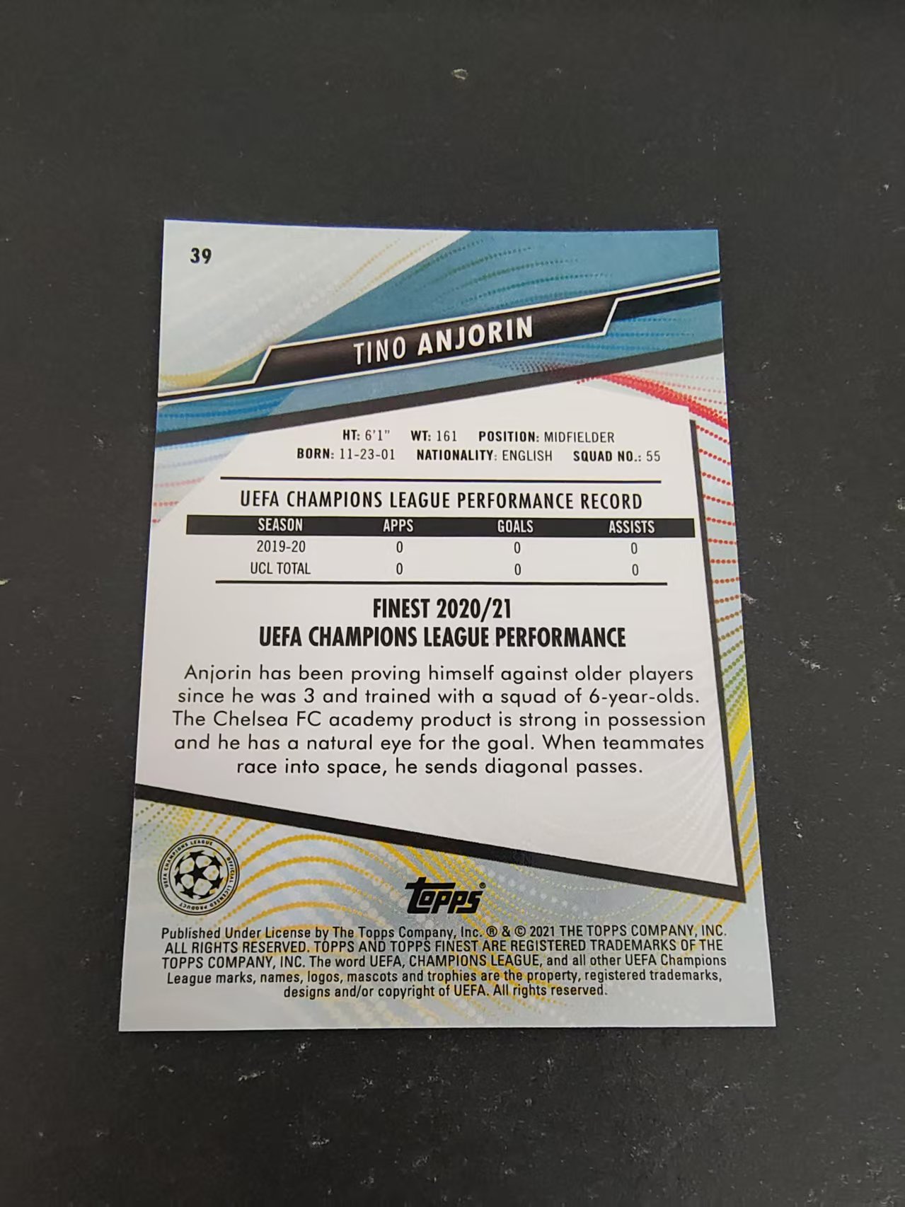 【可合并,不累计】2021 Topps Finest Tino Anjorin RC 安乔林 RC新秀 切尔西 欧冠 划痕 边角瑕疵 #39