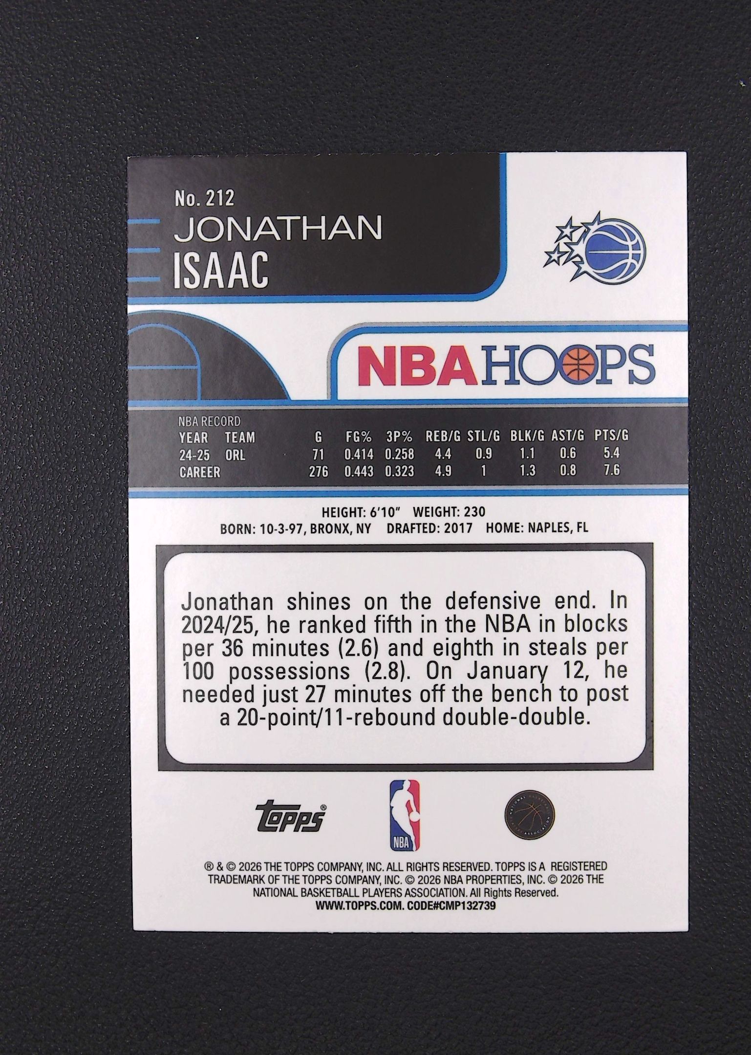 2026 Topps Hoops Jonathan Isaac 乔纳森 艾萨克 魔术 148/199编 蓝折【Big M 代拍】 AQ888