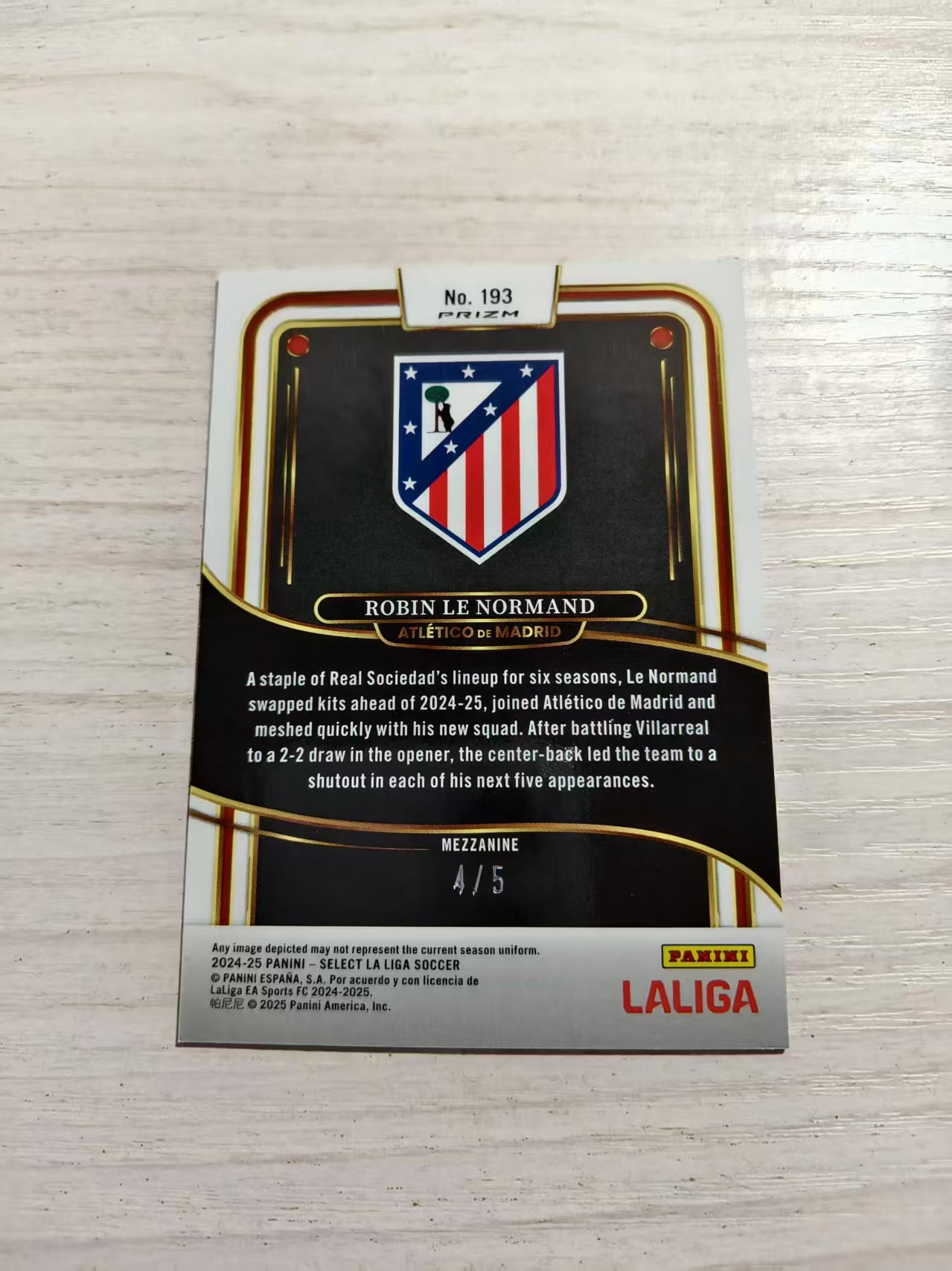 2024-25 Panini Select La Liga Robin Le Normand 【西北拍卖】帕尼尼西甲select 勒诺尔芒 4/5编绿折 超低编 西班牙 马竞 行