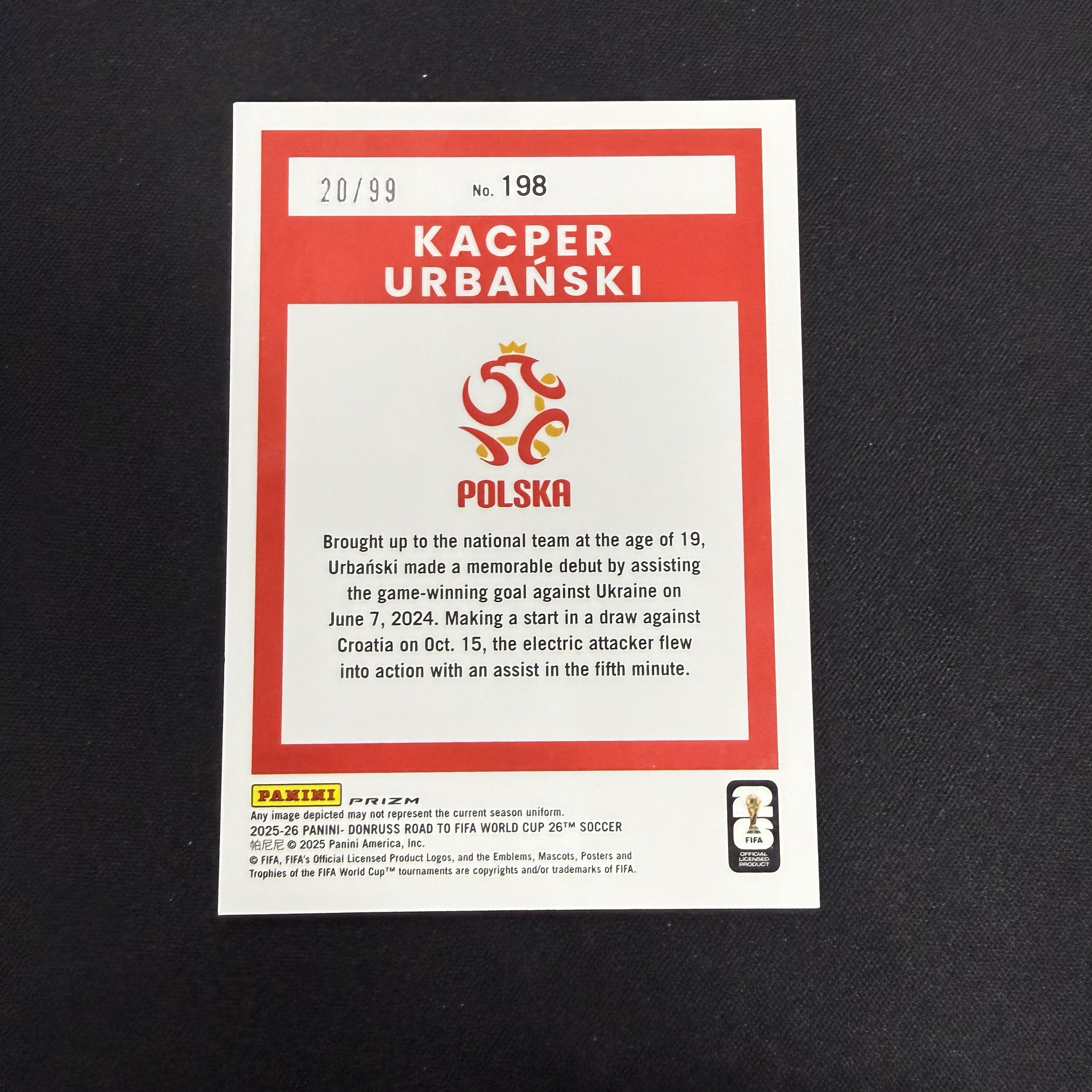 2026 Panini Donruss Kacper Urbanski 【SC拍卖】杜蕾斯 世界杯 厄本斯基 波兰 20/99编 收藏必备(雪糕)