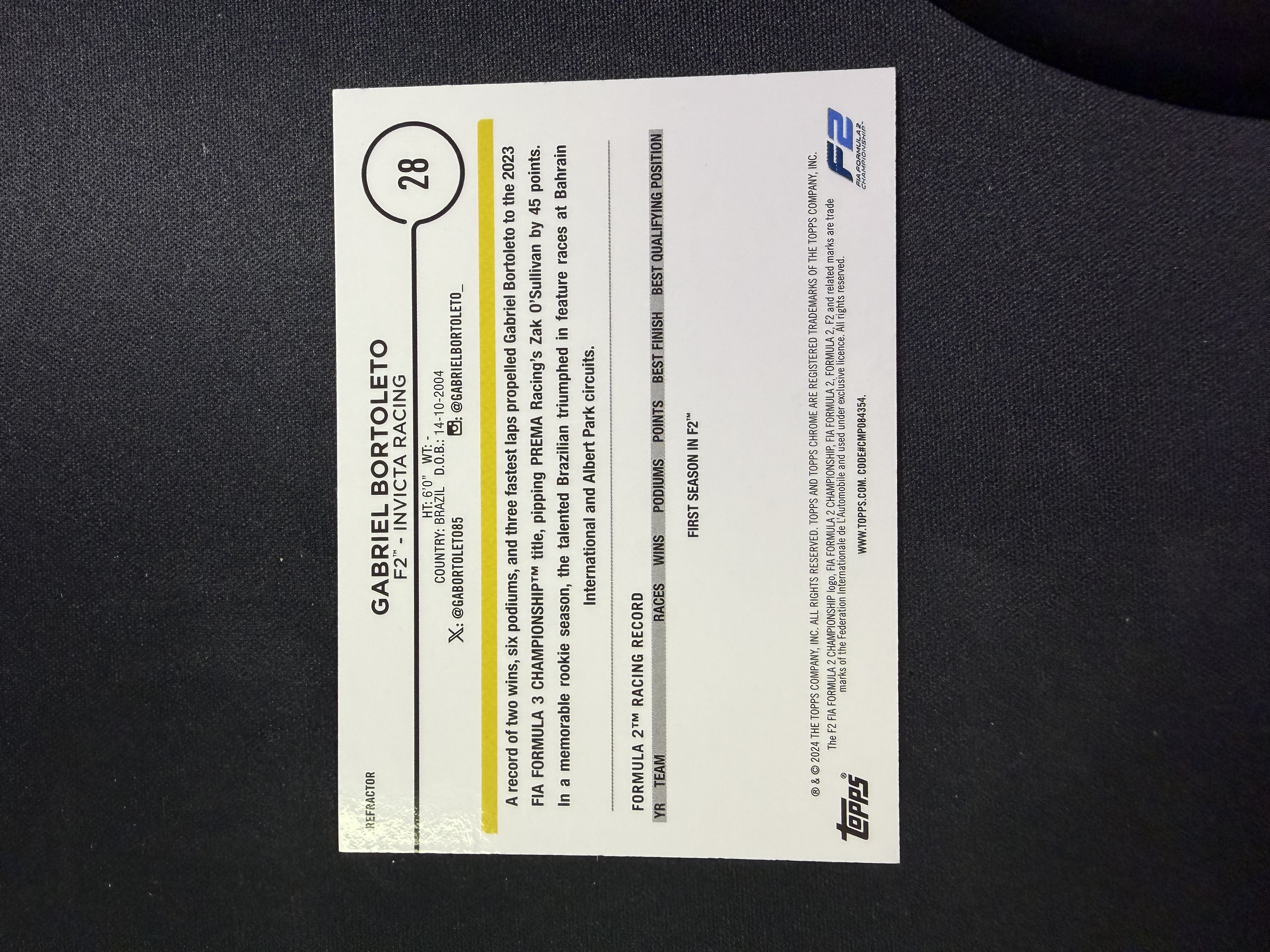 2024 Topps Chrome Gabriel Bortoleto 加布里埃尔 博托莱托 Invicta Racing车队 F2 折射 银折 未来之星 定妆照 收藏凑套必备 PPP2