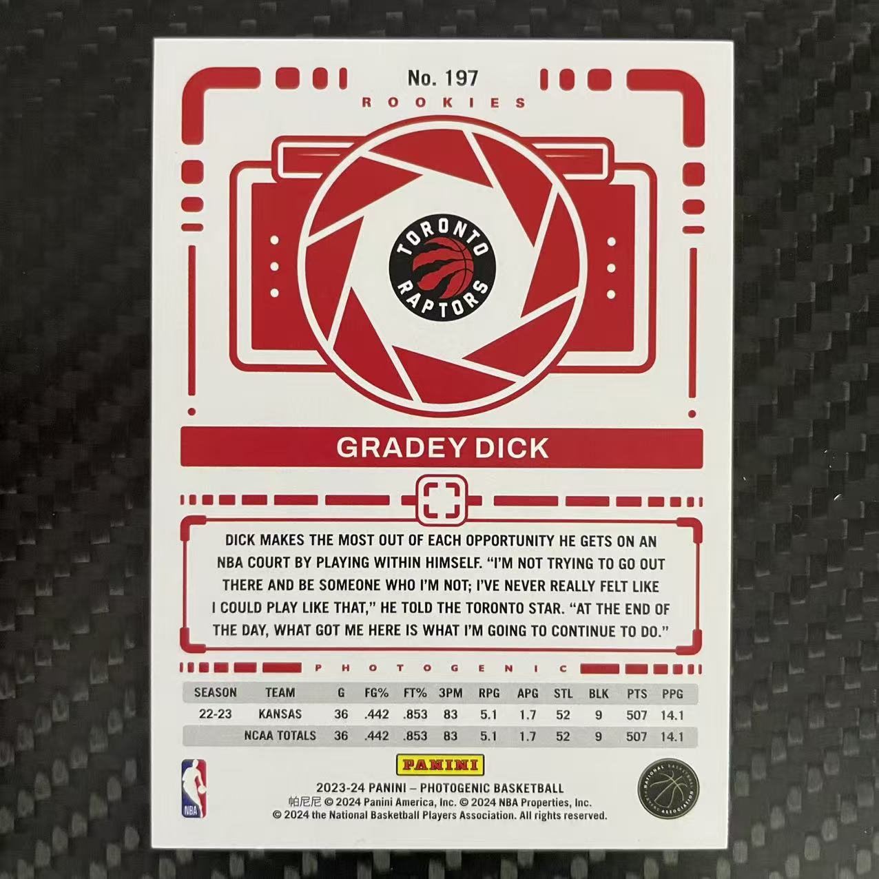 2023-24 Panini Photogenic Gradey Dick RC 【杰克森拍卖】格雷迪 迪克 猛龙 新秀 75编 碎冰折 雕哥