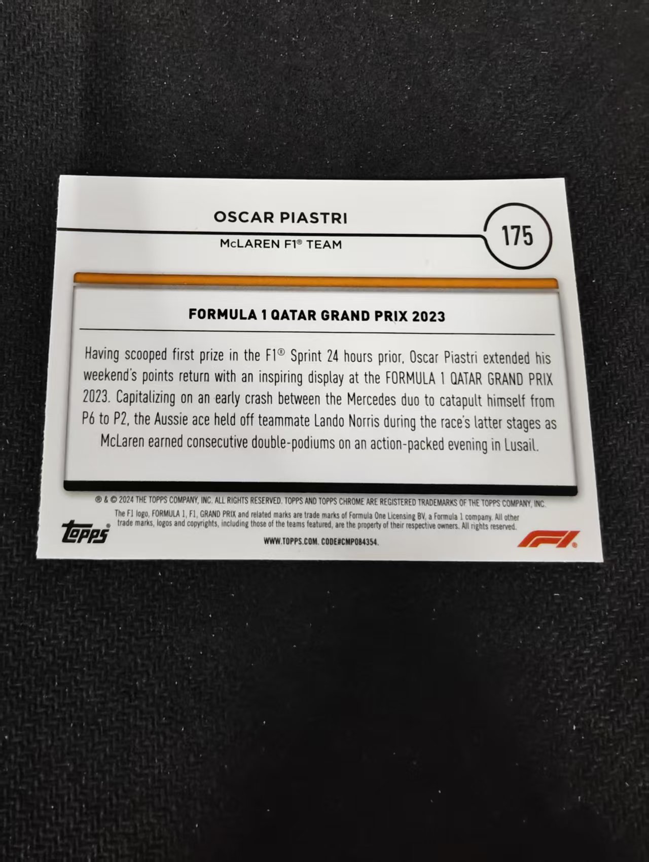 2024 Topps Chrome F1 Oscar Piastri 方程式赛车 奥斯卡 皮亚斯特里 迈凯伦车队 划痕 边角瑕疵 #175