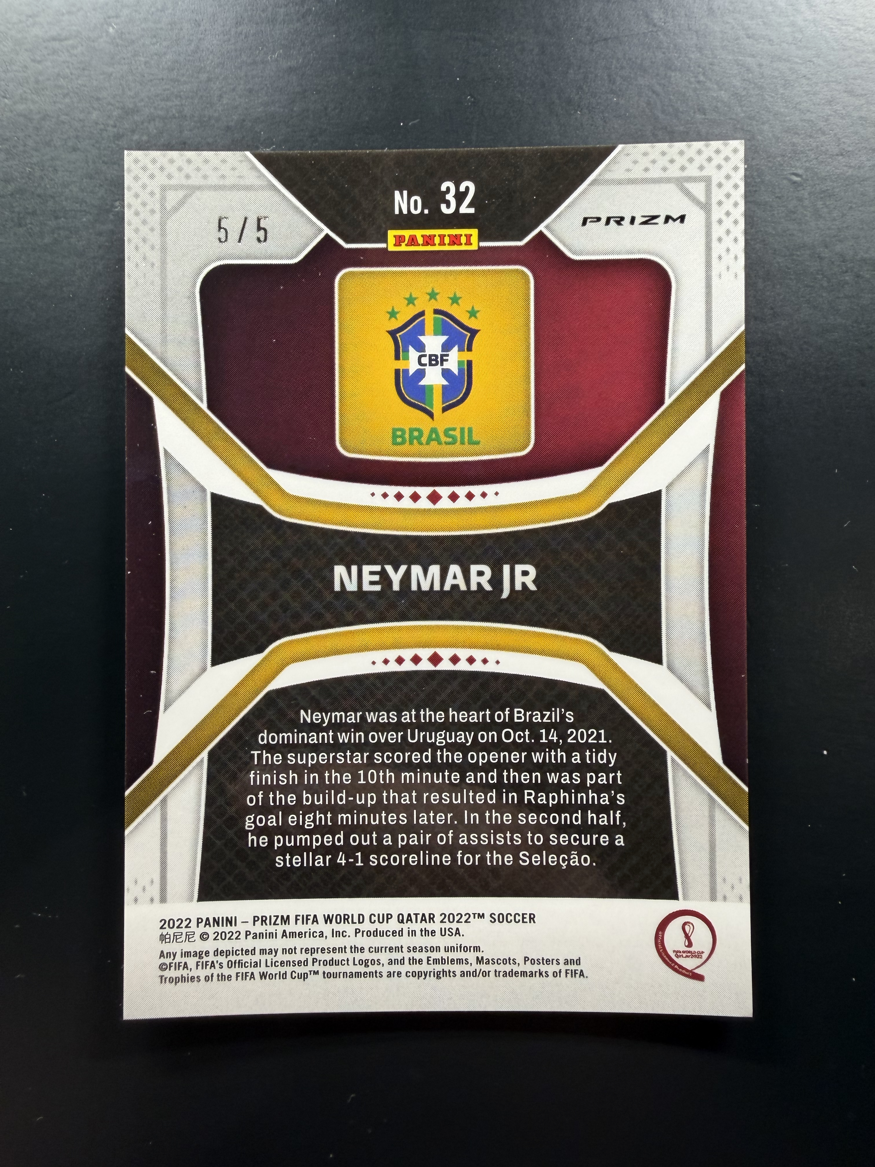 2022 Panini World Cup Prizm Neymar 世界杯 内马尔 5/5编 尾编同1/1 蓝折 Base 巴萨 巴塞罗那 FCB 巴西 卡品如图 梅西队友亚马尔偶像 大涨 江枫拍卖