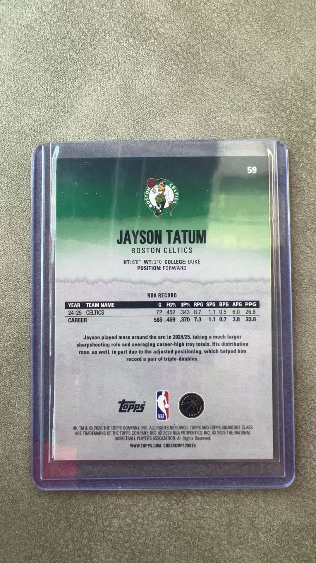 7804【330球星卡实体店代卖】2026 Topps Signature Class Jayson Tatum 杰森 塔图姆 凯尔特人 161/225编 仅顺丰寄付 (道明寺)