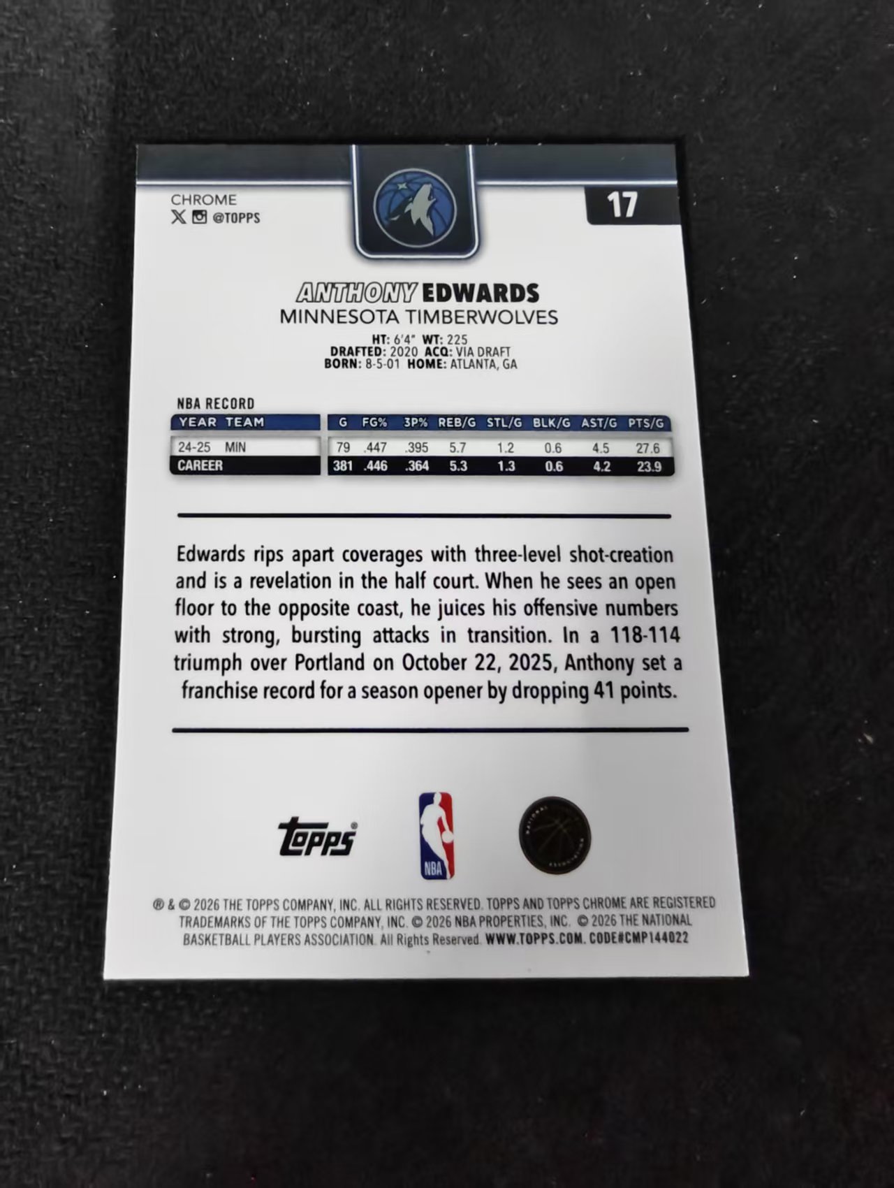 2026 Topps Chrome Update anthony Edwards 森林狼 安东尼 爱德华兹 华子 TCU 划痕 边角瑕疵 #17