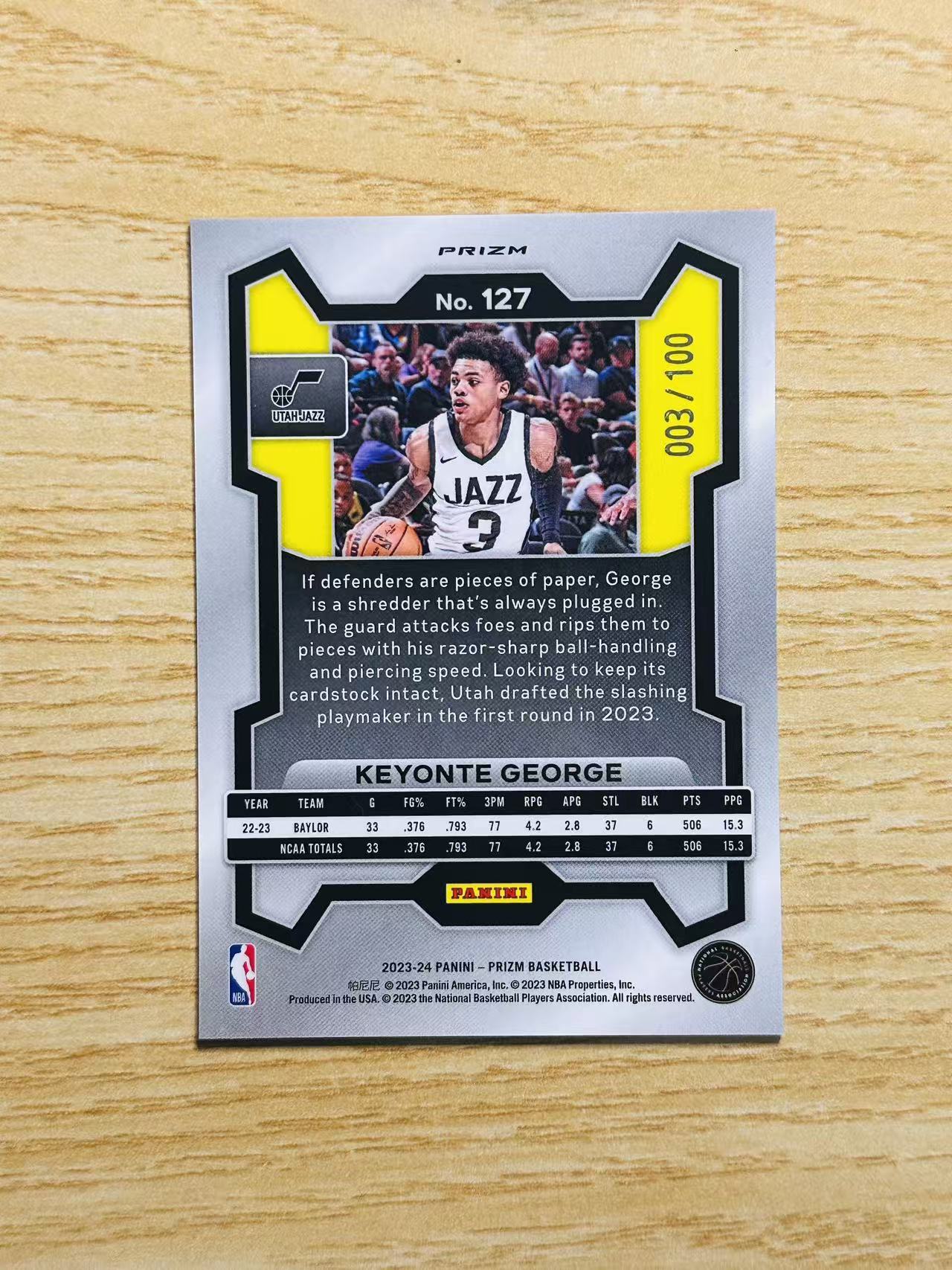 2023-24 Panini Prizm Keyonte George 嘿嘿代卖 基昂特 乔治 新秀 RC 红泡泡折 100编 同背 3/100编 爵士 猪猪侠 卡品很好 收藏必备