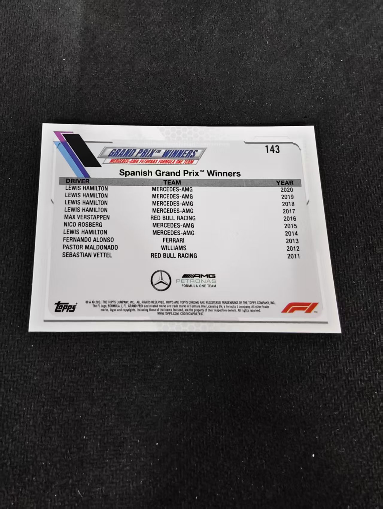 2021 Topps Chrome Lewis Hamilton F1 梅赛德斯奔驰车队 刘易斯 汉密尔顿 划痕 边角瑕疵 #143