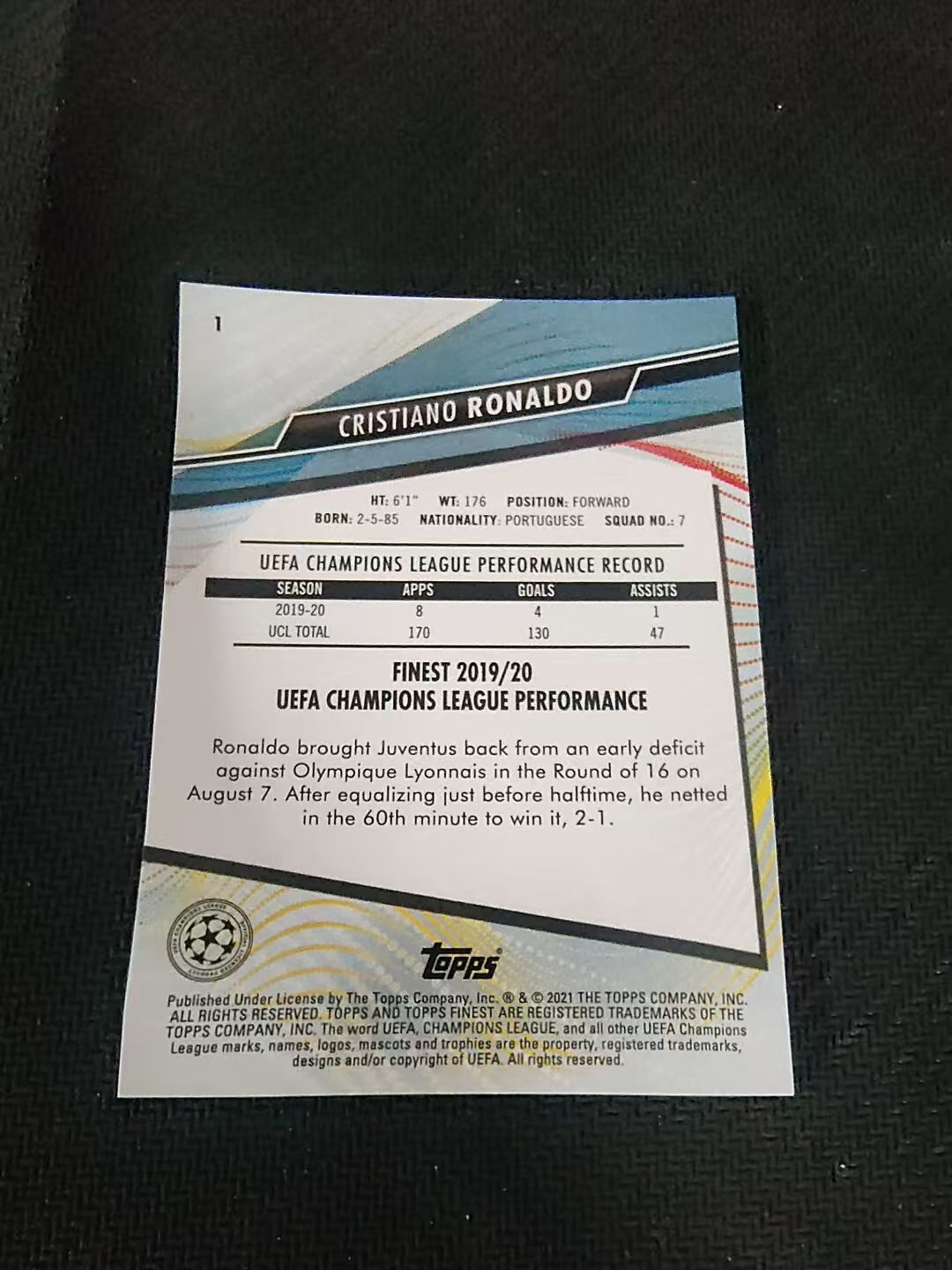 【可合并,不累计】2021 Topps Finest Cristiano Ronaldo C罗 尤文图斯 葡萄牙 曼联 皇家马德 划痕 边角瑕疵 #1