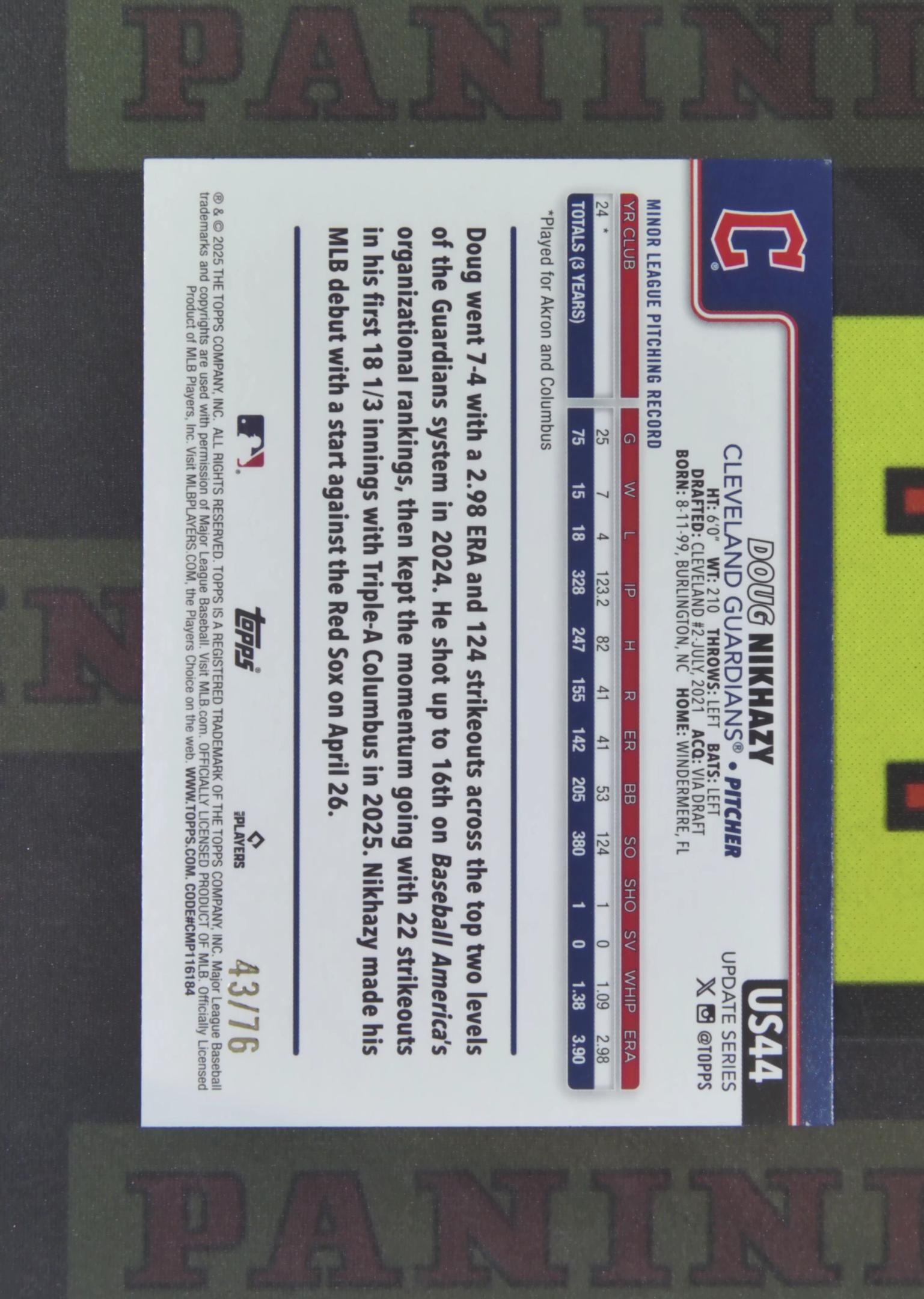 2025 Topps Update Doug Nikhazy RC Nirvana Project 道格 尼哈齐 克利夫兰守护者 新秀 43/76 国旗折 折射 卡品如图 收藏必备 涛涛¥