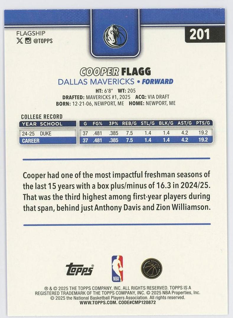 2025-26 Topps Flagship Cooper Flagg RC 库珀弗拉格 新秀 正base 普卡 独行侠 美国之子 卡品如图 1BL6/11.27
