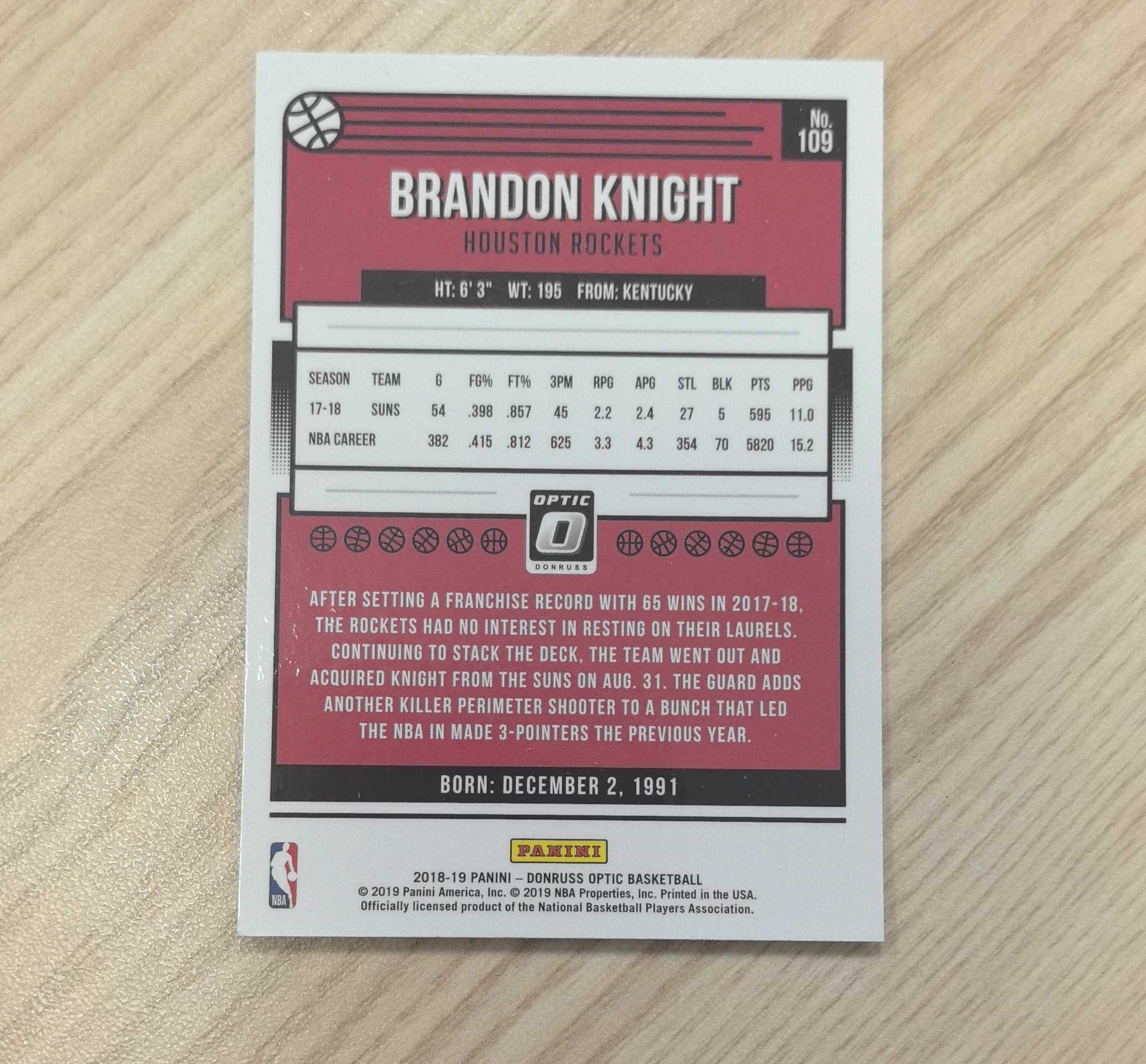 2018-19 Panini Optic Brandon Knight 布兰登·奈特 杜蕾斯 新秀一阵 11年活塞首轮秀 先后效力于活塞、雄鹿、太阳、火箭、骑士和独行侠 硬通货 极具收藏价值
