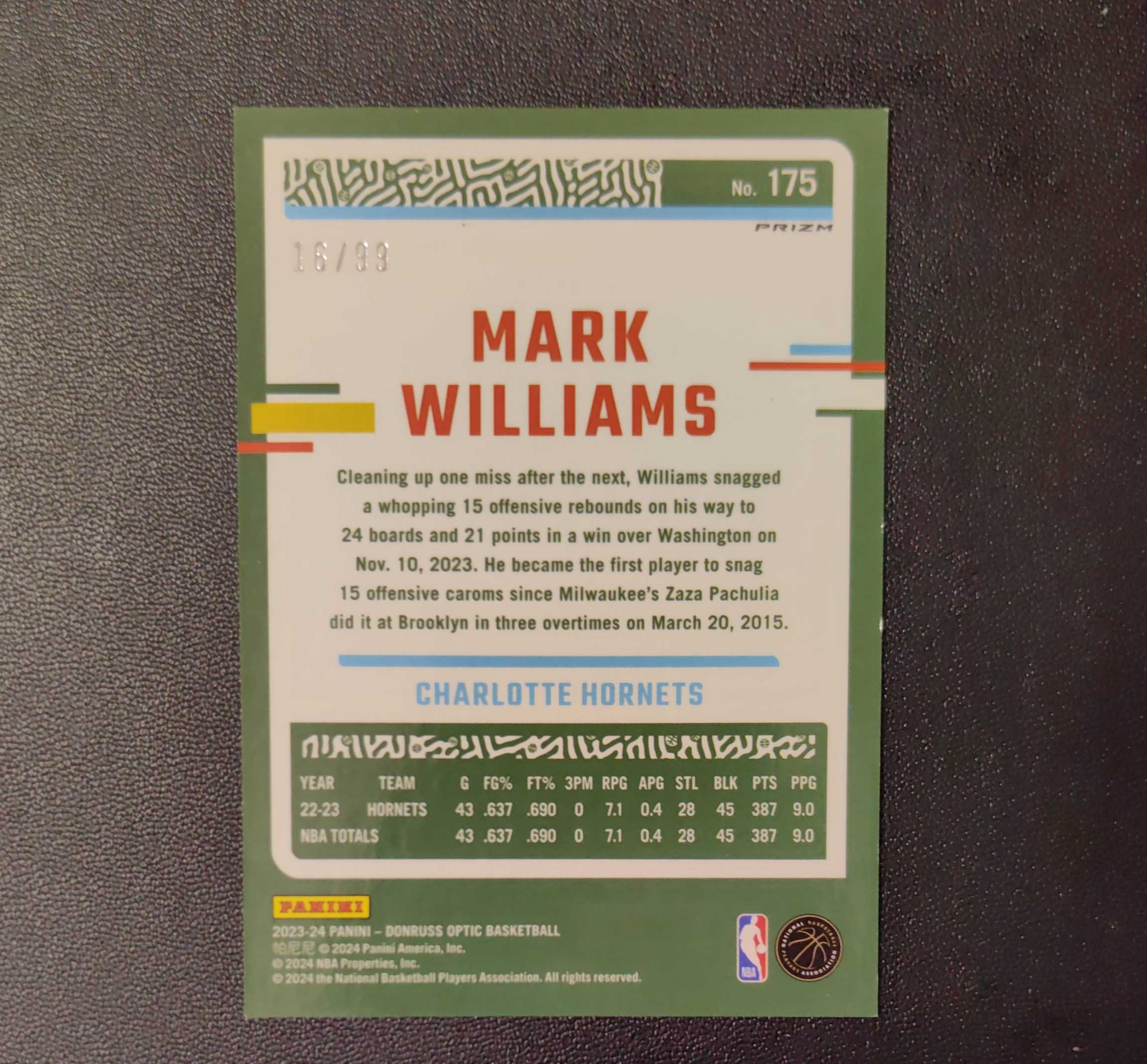 2023-24 帕尼尼 Donruss Optic Mark Williams 杜蕾斯 黄蜂 马克 威廉姆斯 99编 铜闪折 库里 东契奇 詹姆斯 勇士 湖人 文班亚马