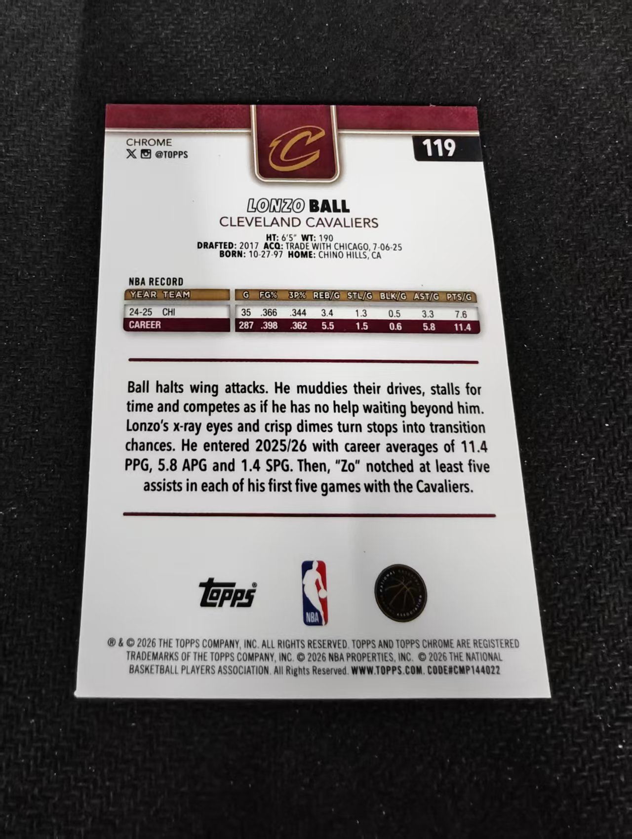 2026 Topps Chrome Update Lonzo Ball 朗佐 鲍尔 大球 骑士 TCU 划痕 边角瑕疵 #119