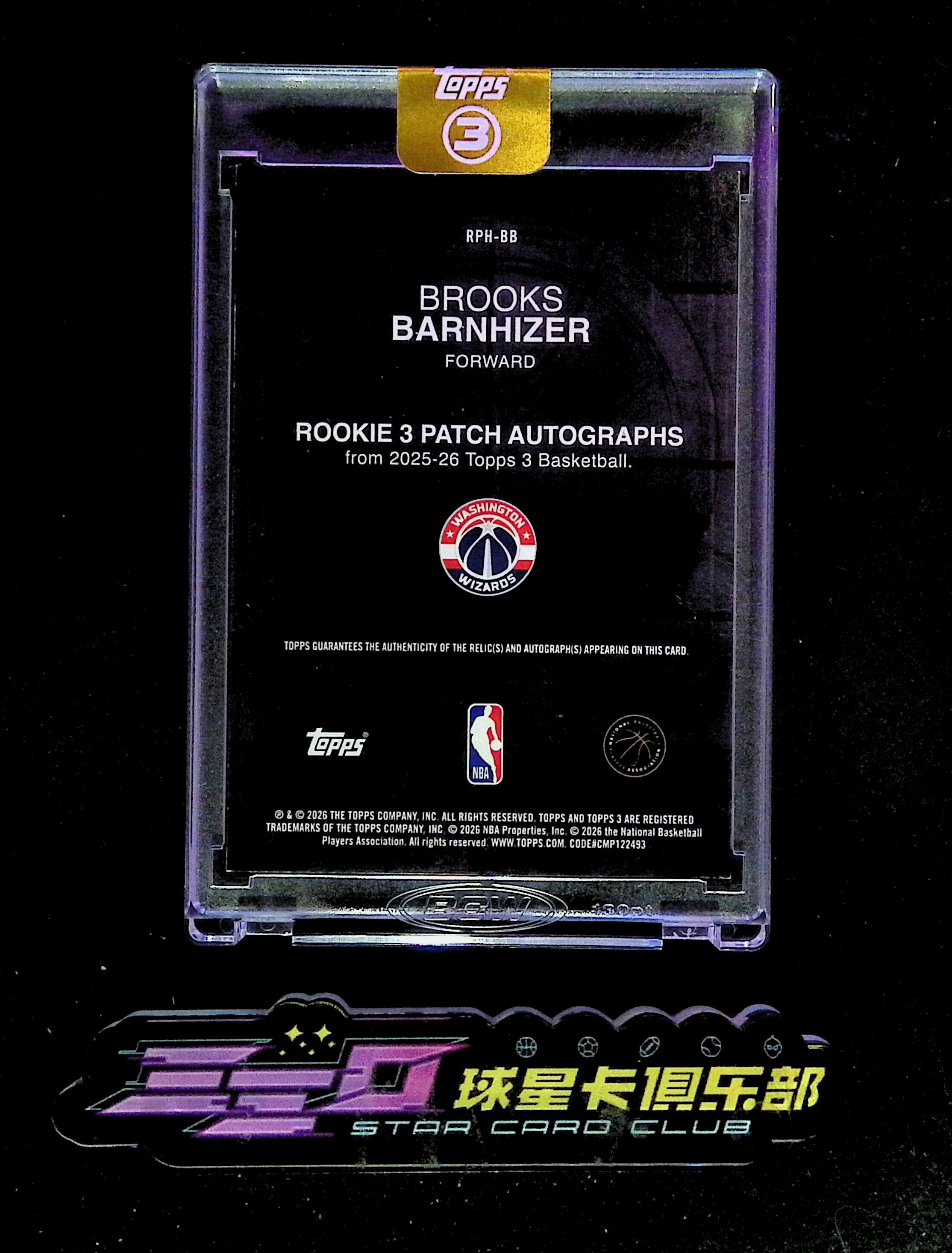 4315【330球星卡实体店代卖】2026 Topps three 3 巴恩海泽(Brooks Barnhizer)新秀 三窗球衣实物 签字 RPA 卡签 14/49编 原封砖(Donald)