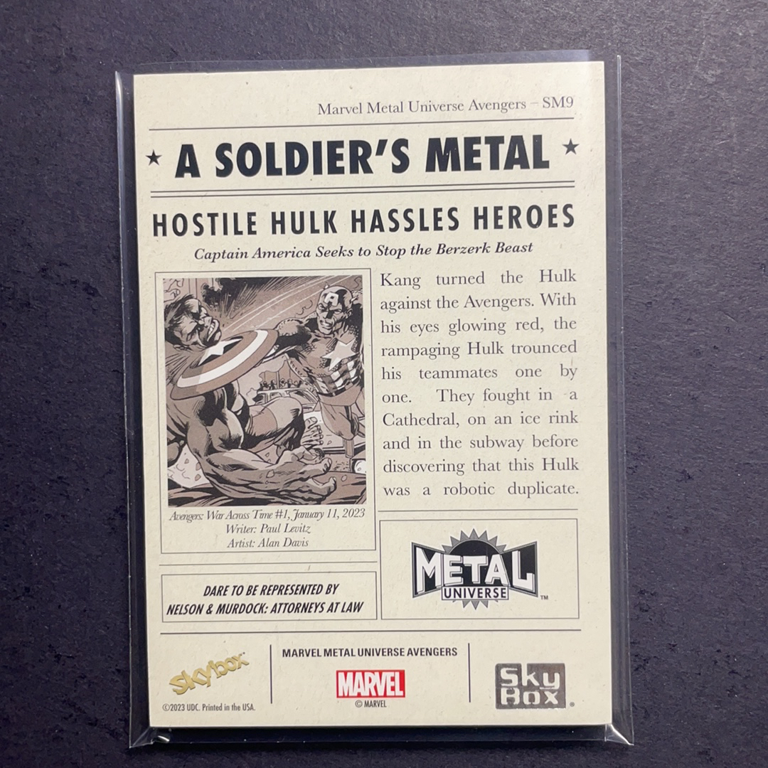 2024 SkyBox Marvel (MCU) 复仇者联盟 美国队长vs绿巨人浩克 大比例插放 箱货 战士的徽章沙盒特卡 序号SM9 2024 UD漫威漫画Metal Universe复联系列