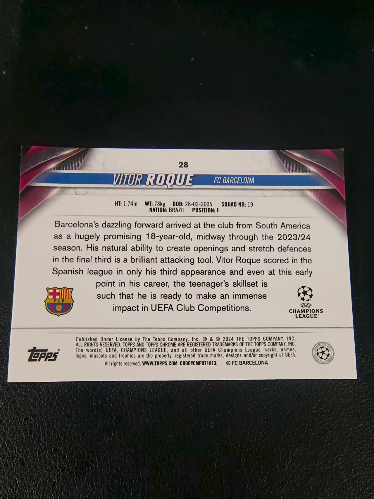 【可合并,不累计】2024 Topps Chrome VITOR ROQUE 巴塞罗那 巴萨 新秀RC 罗克 欧冠 划痕 边角瑕疵 #28