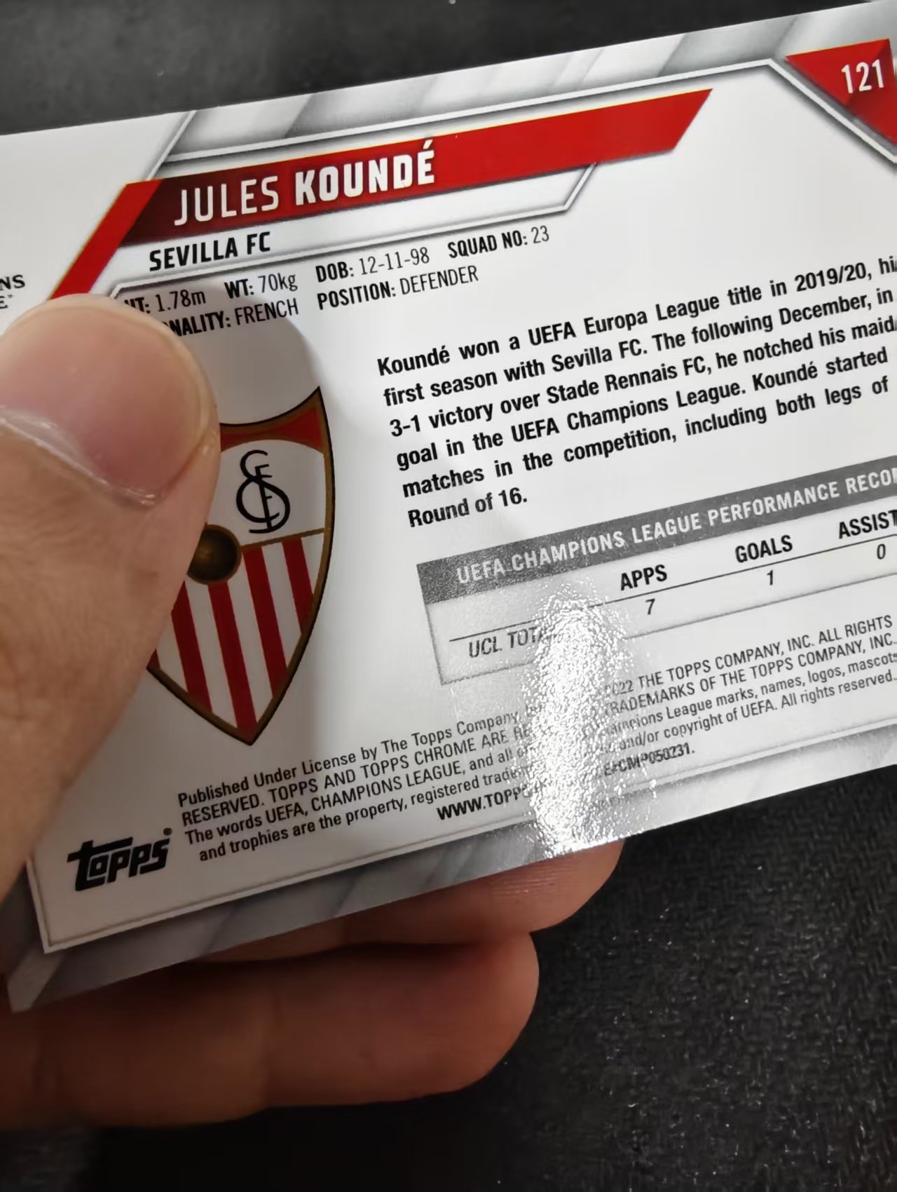 【可合并,不累计】2022 Topps Chrome jules kounde 塞维利亚 孔德 碎点折 欧冠 划痕 边角瑕疵 #121
