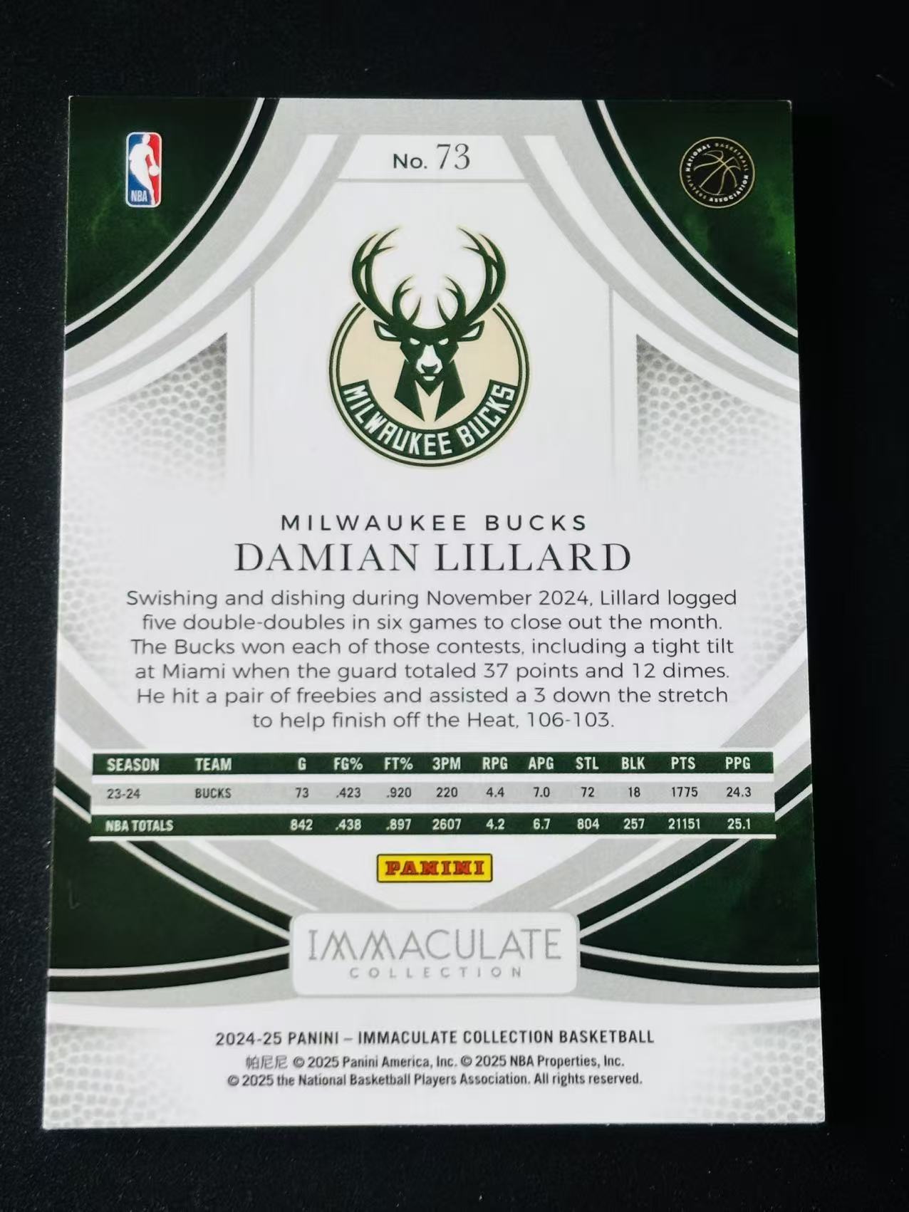 2024-25 Panini Immaculate Collection Damian Lillard IMM 爱咪咪 雄鹿 达米安 利拉德 99编 base 不累计