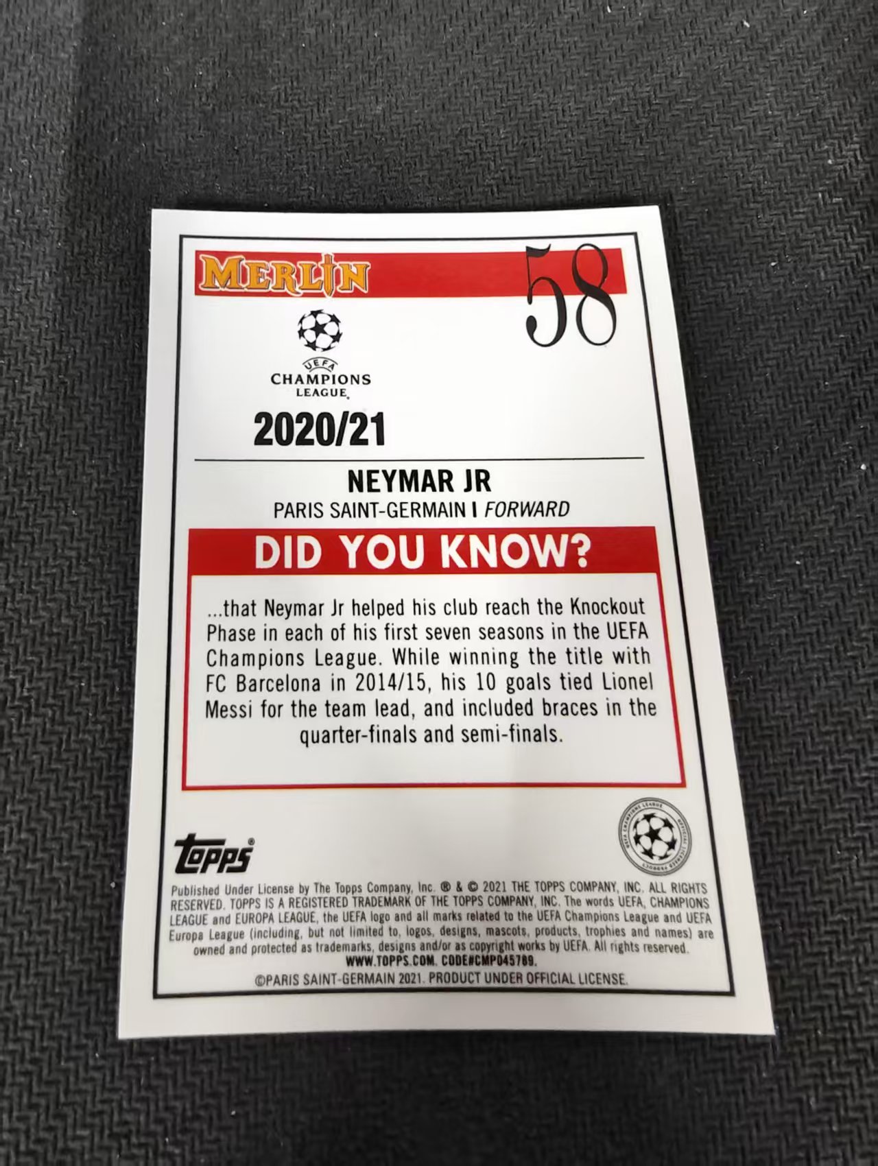 【可合并,不累计】2021 Topps Merlin chrome Neymar jr 大巴黎 内马尔 巴西 欧冠 梅林 划痕 边角瑕疵 #58
