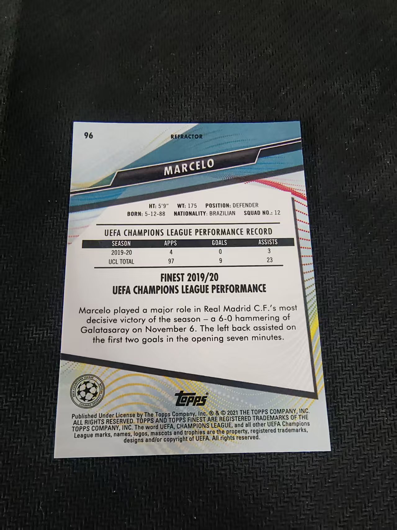 【可合并,不累计】2021 Topps Finest Marcelo 欧冠 马塞洛 皇马 皇家马德里 银折 #96