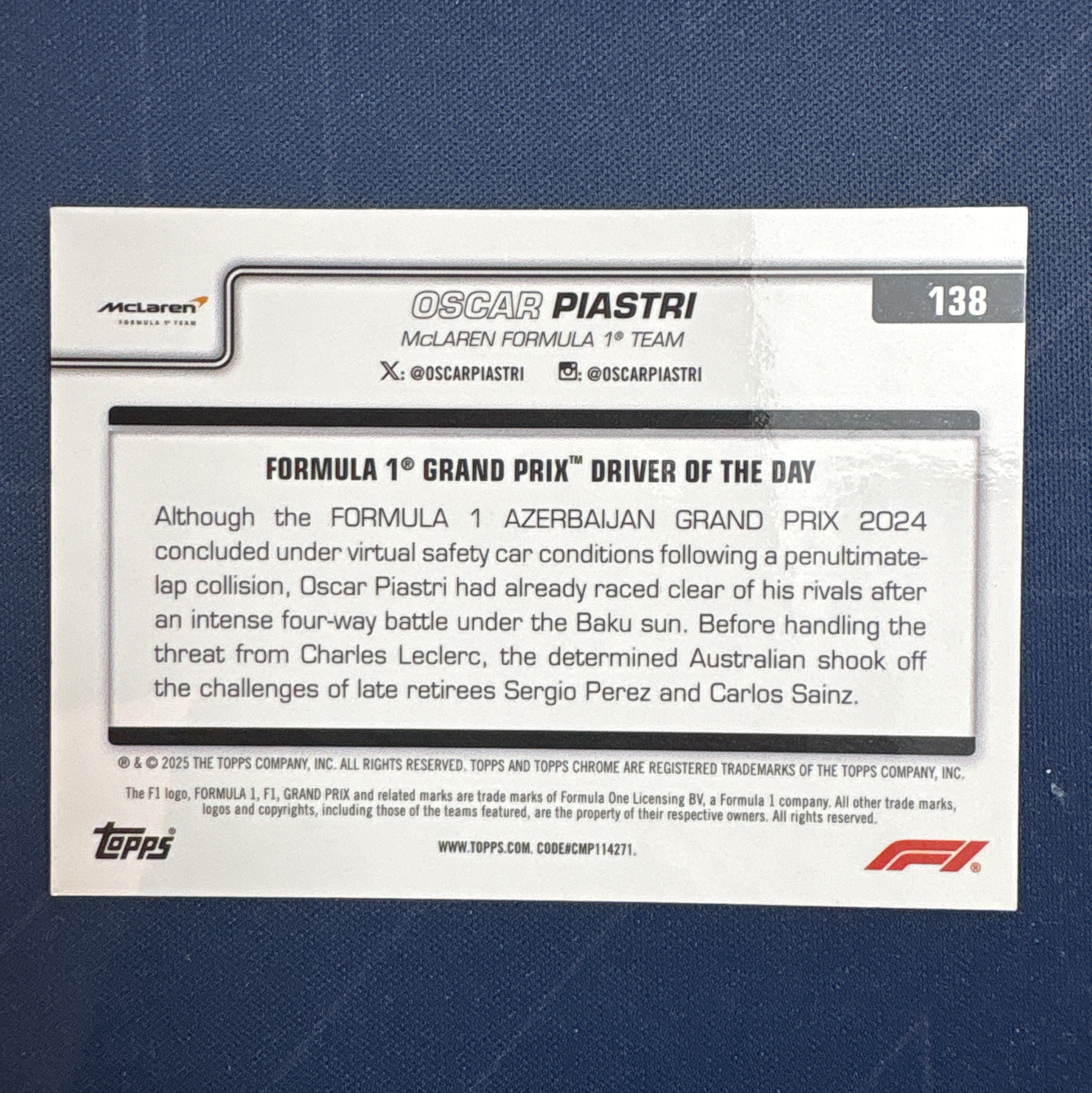2025 Topps Chrome Oscar Piastri 【爆爆代卖】F1 75周年 奥斯卡 皮亚斯特里 155/299编 青绿折 迈凯伦车队 阿斯拜疆当日最佳车手 专收必备 卡品如图 #冷哥