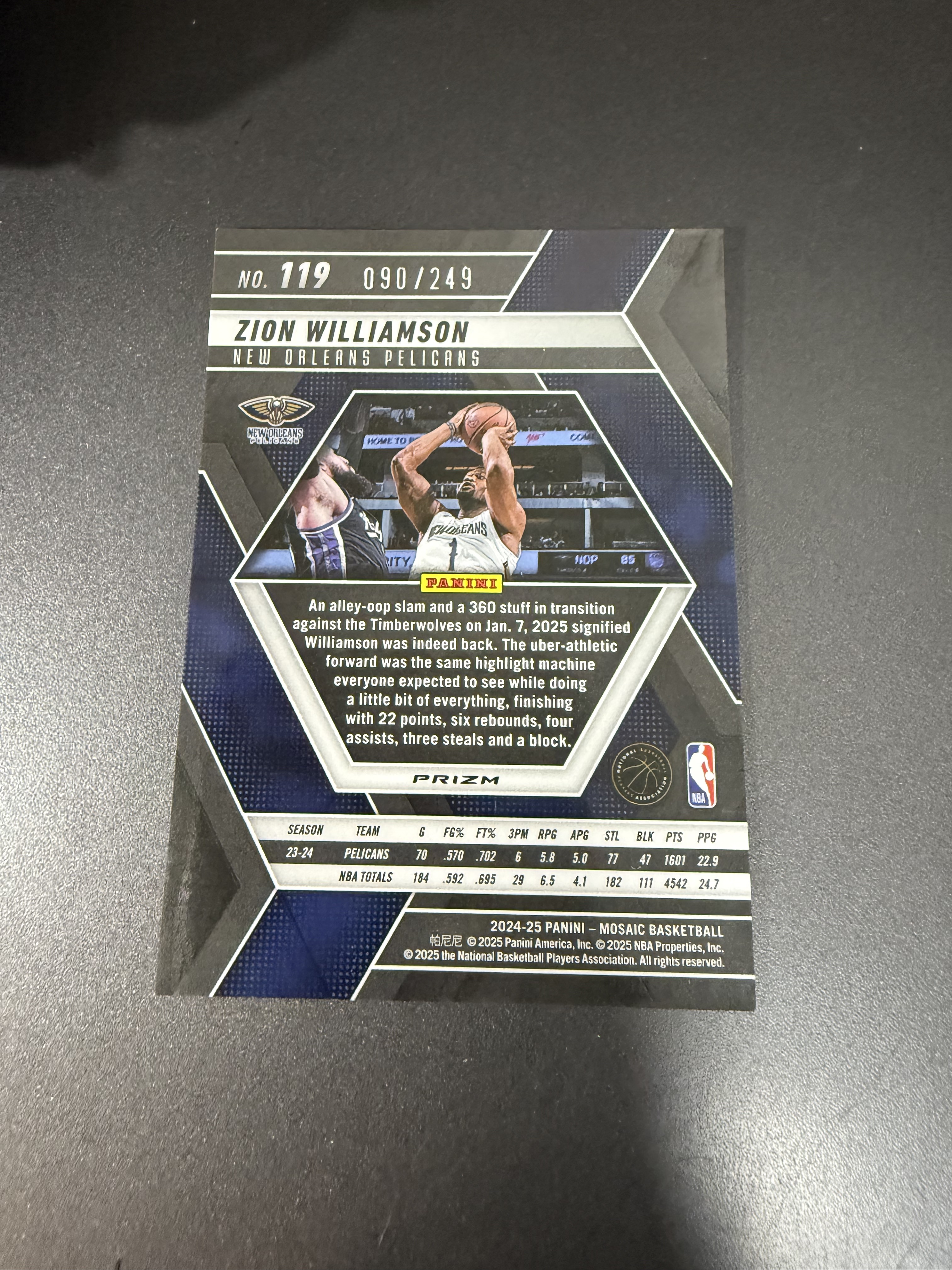 2024-25 Panini Mosaic Zion Williamson 锡安 威廉姆森/锡安 胖虎 蔡恩 马赛克 橙折 249编 w