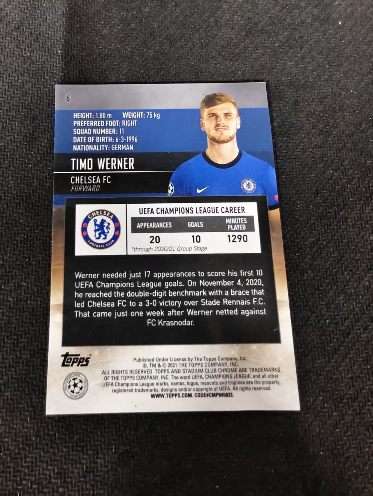 【可合并,不累计】2021 Topps Stadium Club Chrome Timo Werner 切尔西 蒂莫 维尔纳 欧冠 竞技场 不保卡品 介意勿拍 #6