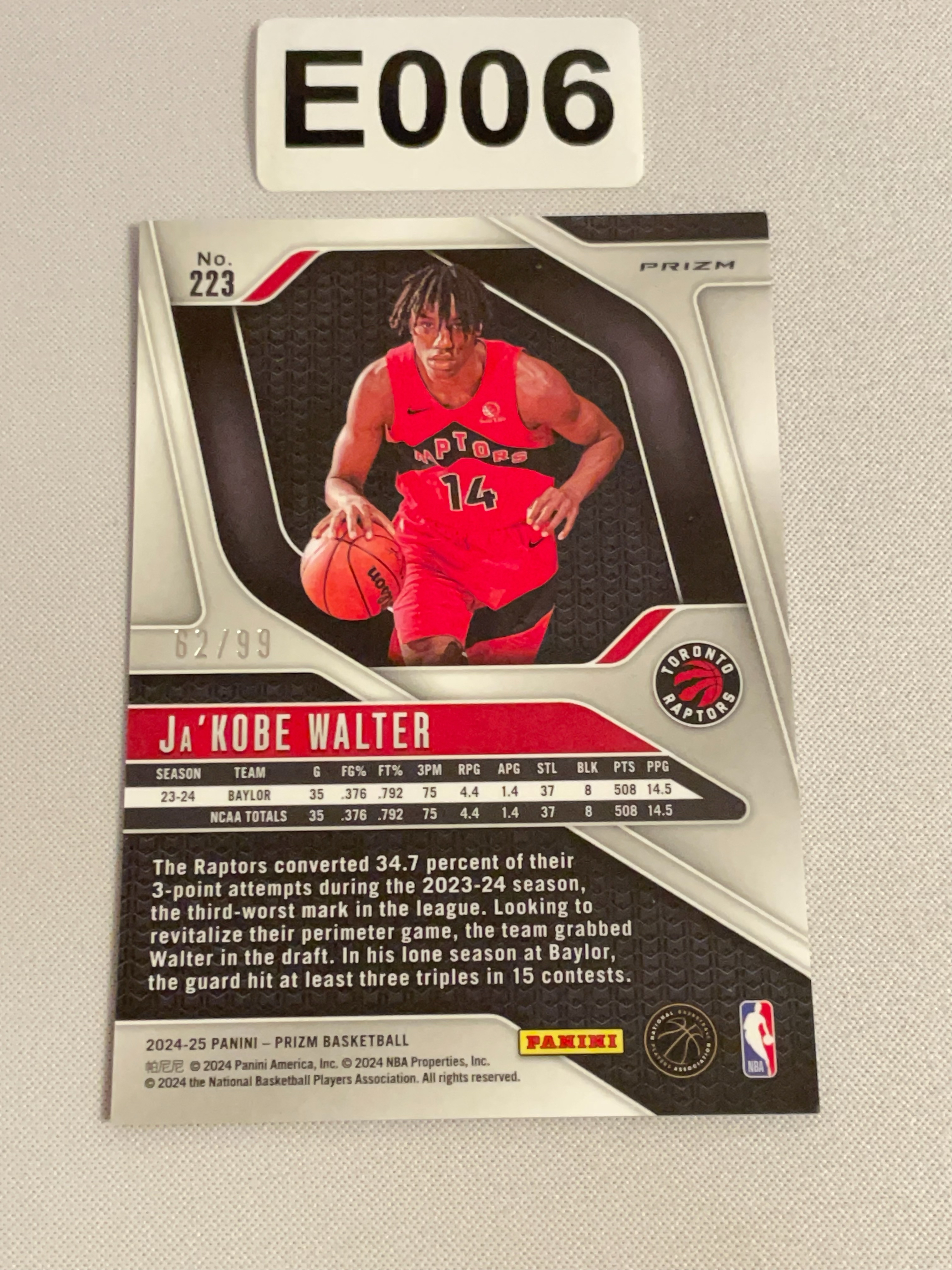 【天龙球星卡】RAIN 2024-25 PRIZM 猛龙 贾科比沃尔特 99编新秀紫折 RC折射 62/99