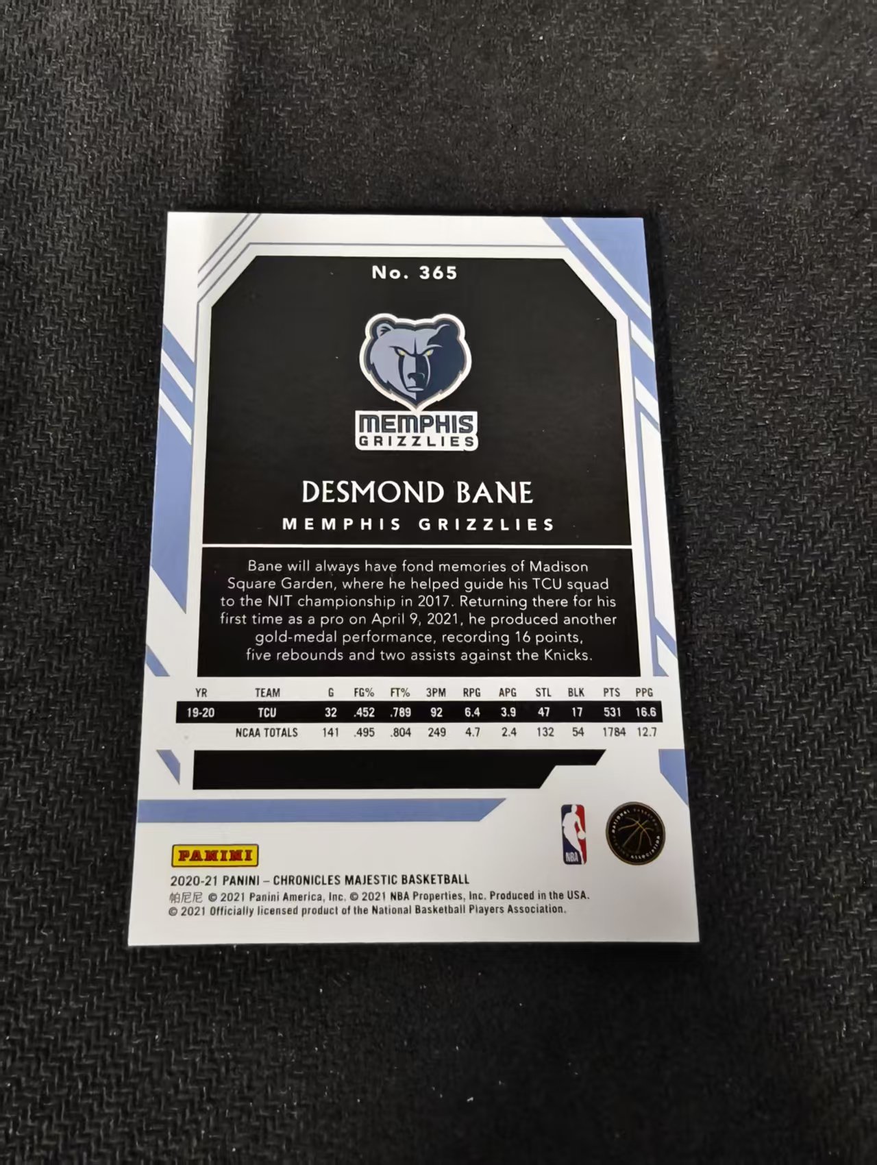 2020-21 Panini Chronicles Desmond Bane RC 德斯蒙德 贝恩 新秀 编年史 149编 灰熊 瑕疵如图