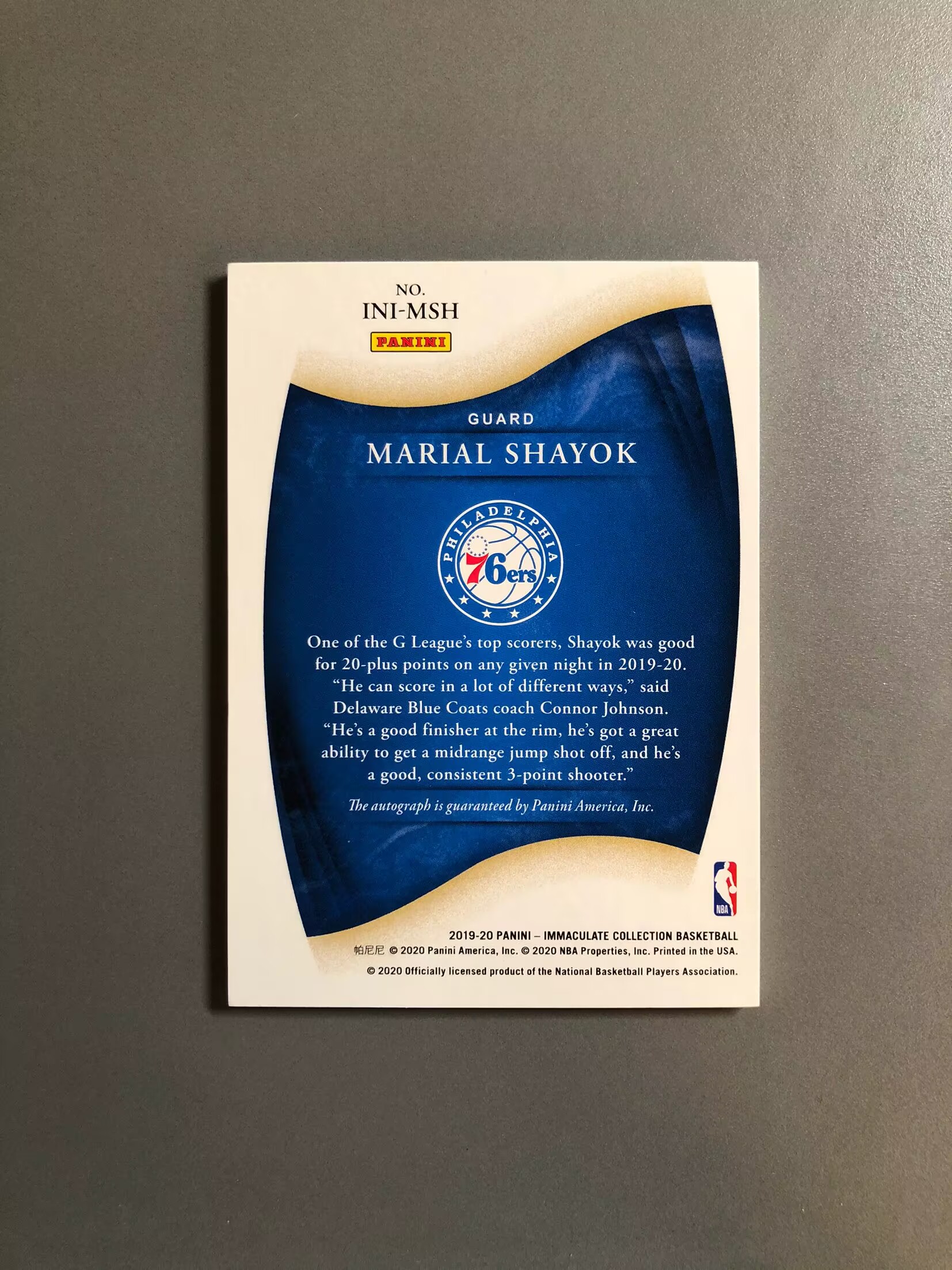 2019-20 Panini Immaculate Marial Shayok RC 马里亚尔·沙约克 76人 新秀 RC 签字 贴签 新秀签 75编 实卡好看 卡品如图 可累计FT065【诚接代卖】