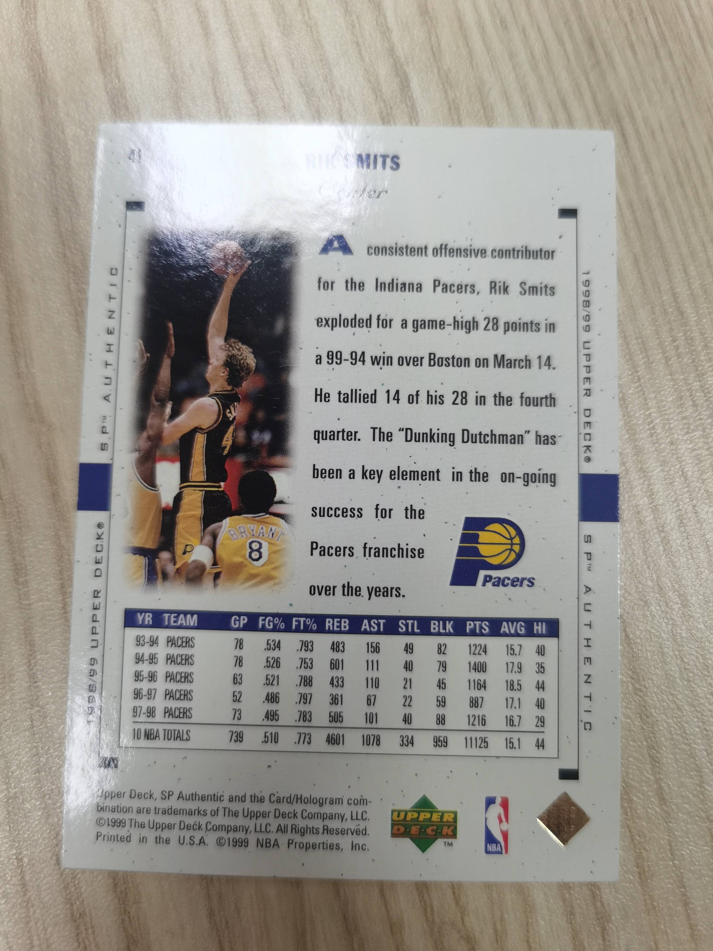 1998-99 Upper Deck SP 里克 史密茨 1998-99 里克·施密茨 UD sp #41 88年榜眼秀 米勒背后的二当家 姚明进NBA的模板1届全明星 硬通货 极具收藏价值 步行者