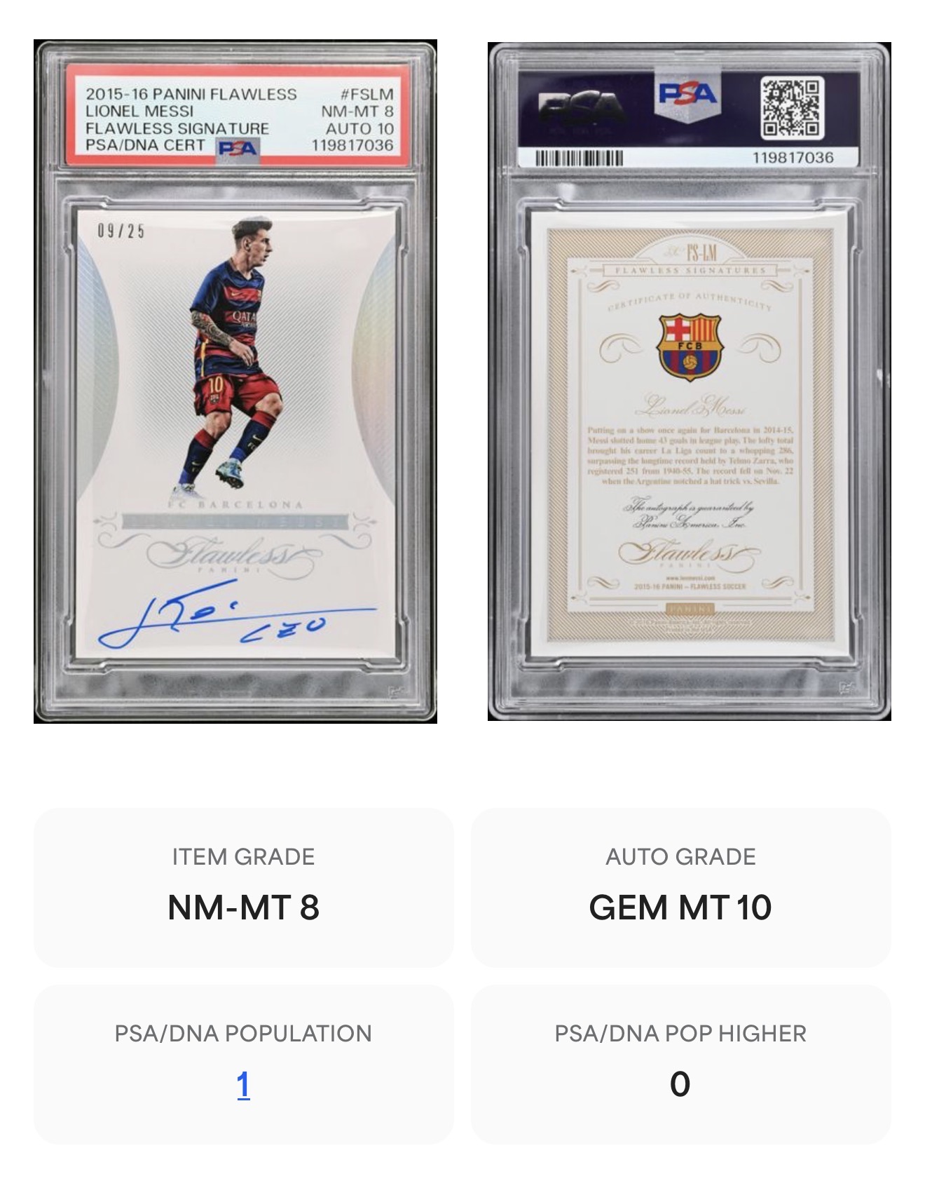 【FCB拍卖】2015-16 PANINI FLAWLESS MESSI 梅西 25编 银折 卡签 PSA8/10 暂无更高分 半球 签字 背面记录梅西打破西甲联赛进球纪录 巴萨 阿根廷 元年手提{ise58}FCBN11代理拍卖