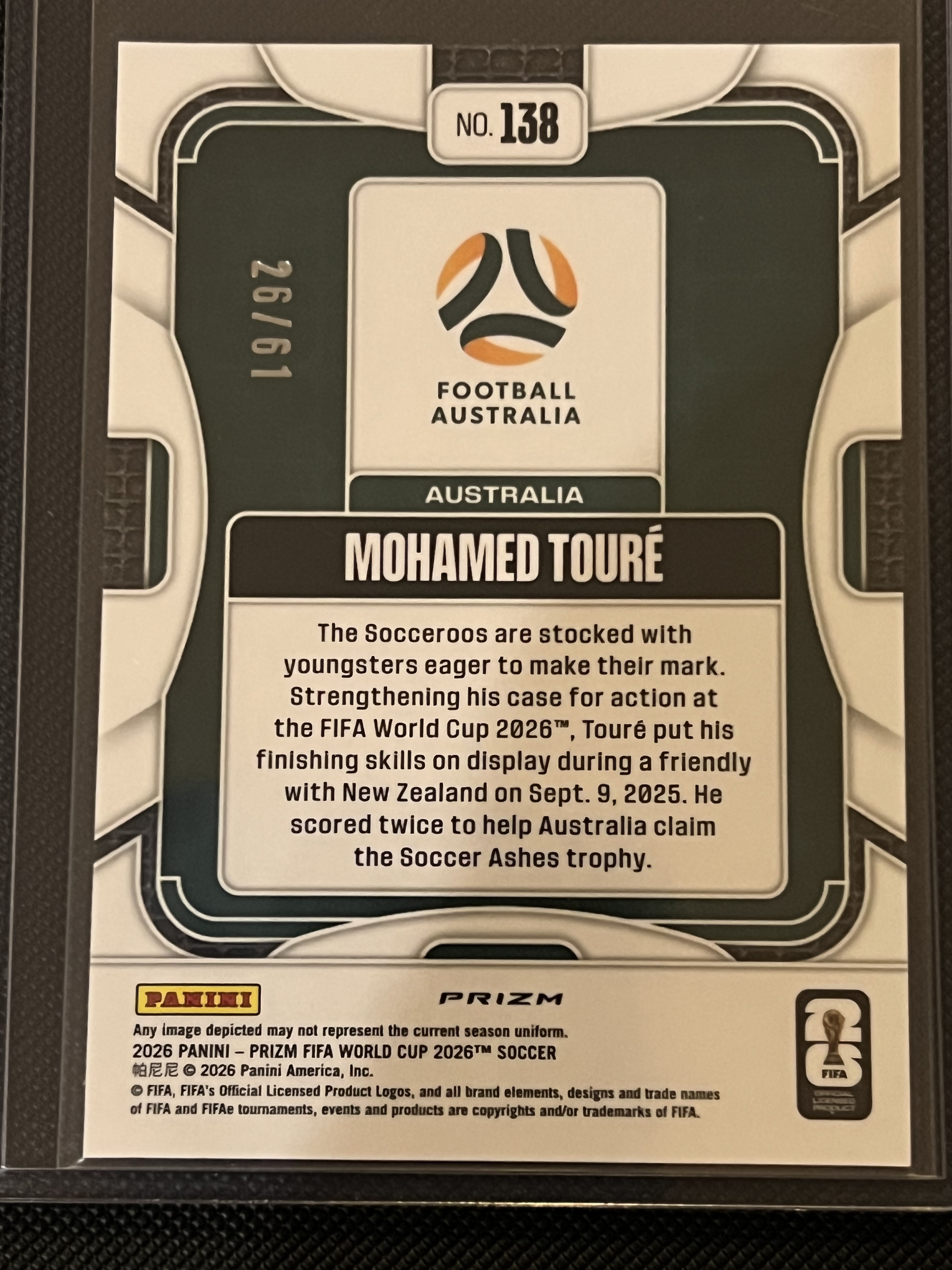 2025-26 Panini Prizm World Cup Mohamed Toure #138 澳大利亚 穆罕默德·杜尔 61编 Panini标志折 新秀RC 折射卡!!凑套必备!!