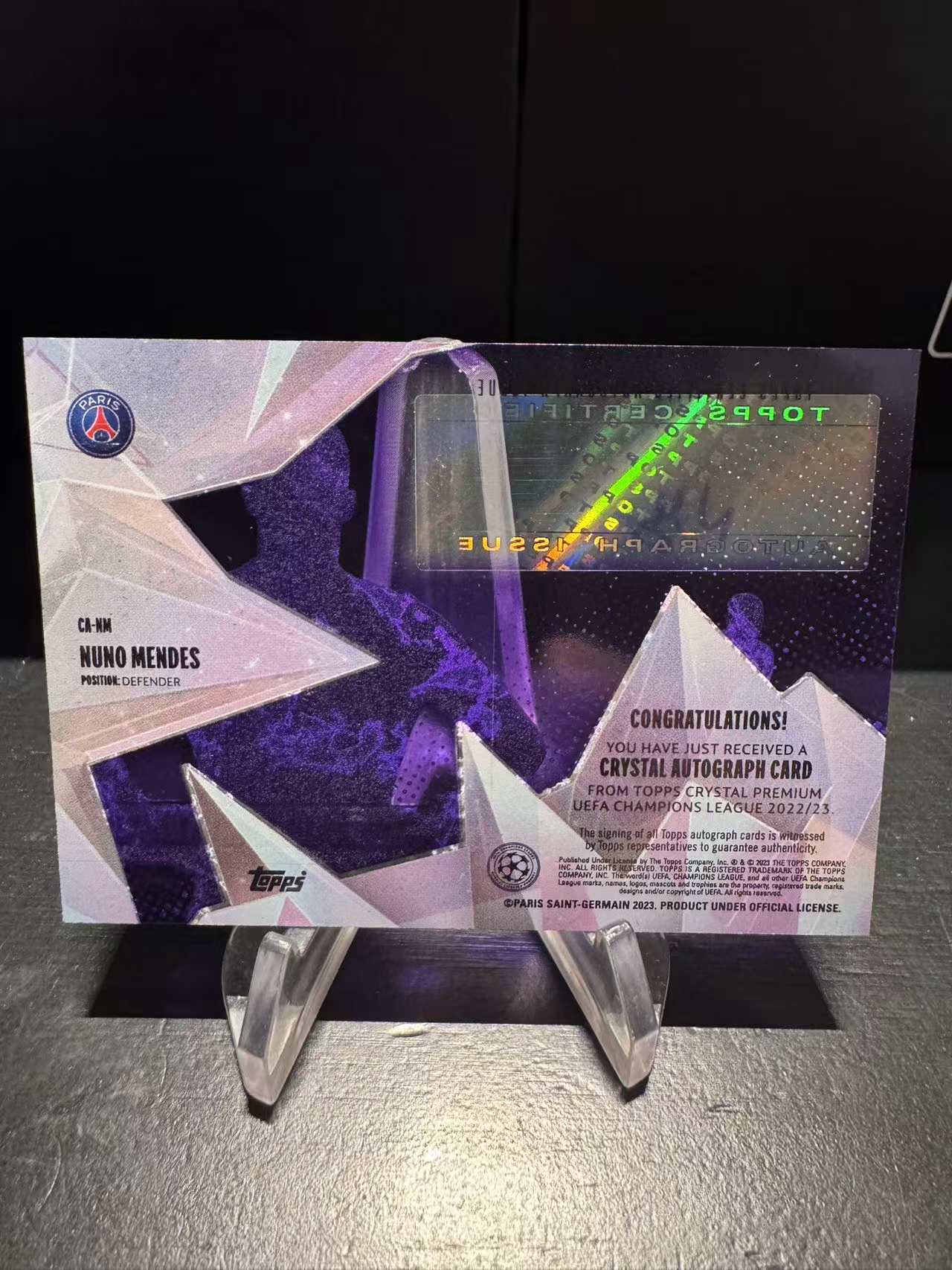 龖22-2023 Topps Crystal Nuno Mendes 欧冠 水晶 巴黎圣日耳曼 门德斯 32/99编 签字 卡品如图 MJ002L