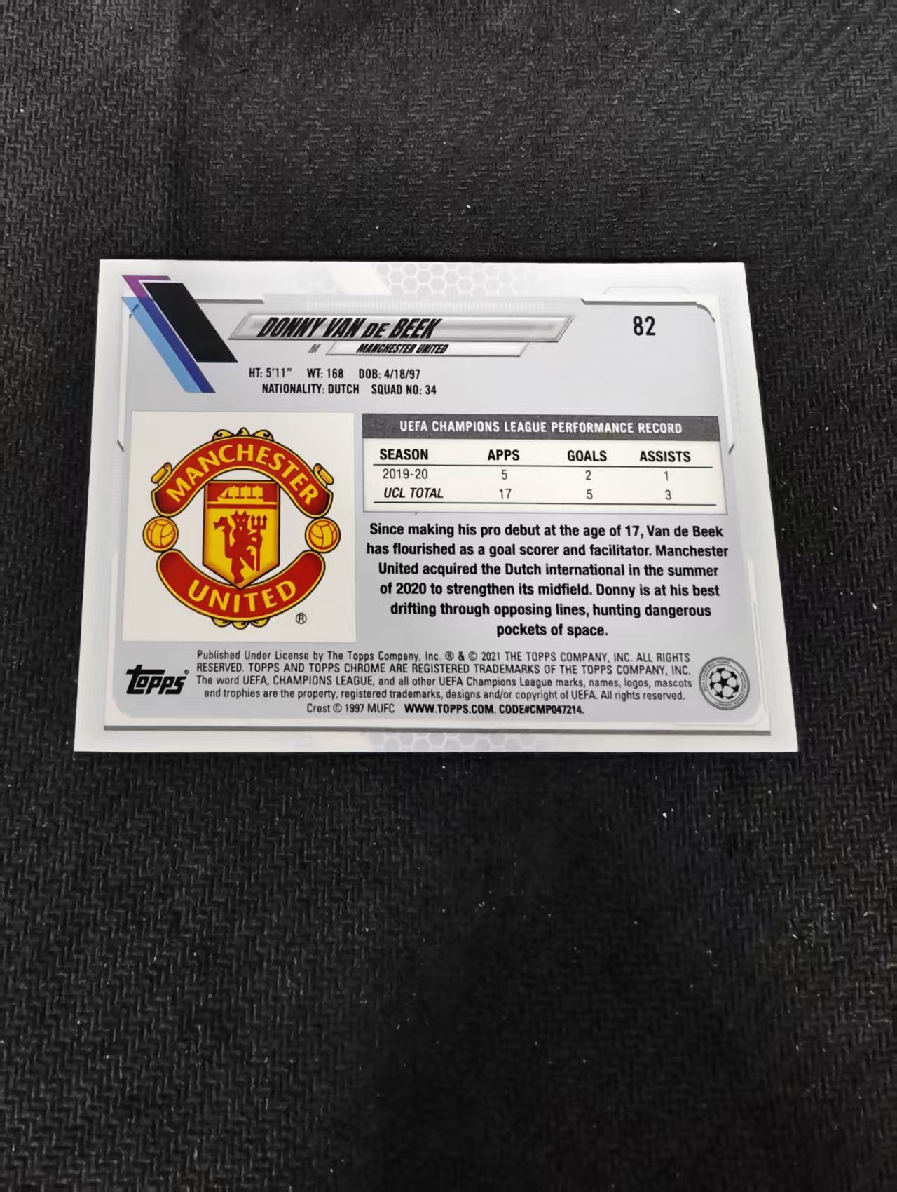 【可合并,不累计】2021 Topps Chrome Donny van de Beek 范德贝克 曼联 蓝宝石 碎冰折 欧冠 #82 划痕 边角瑕疵