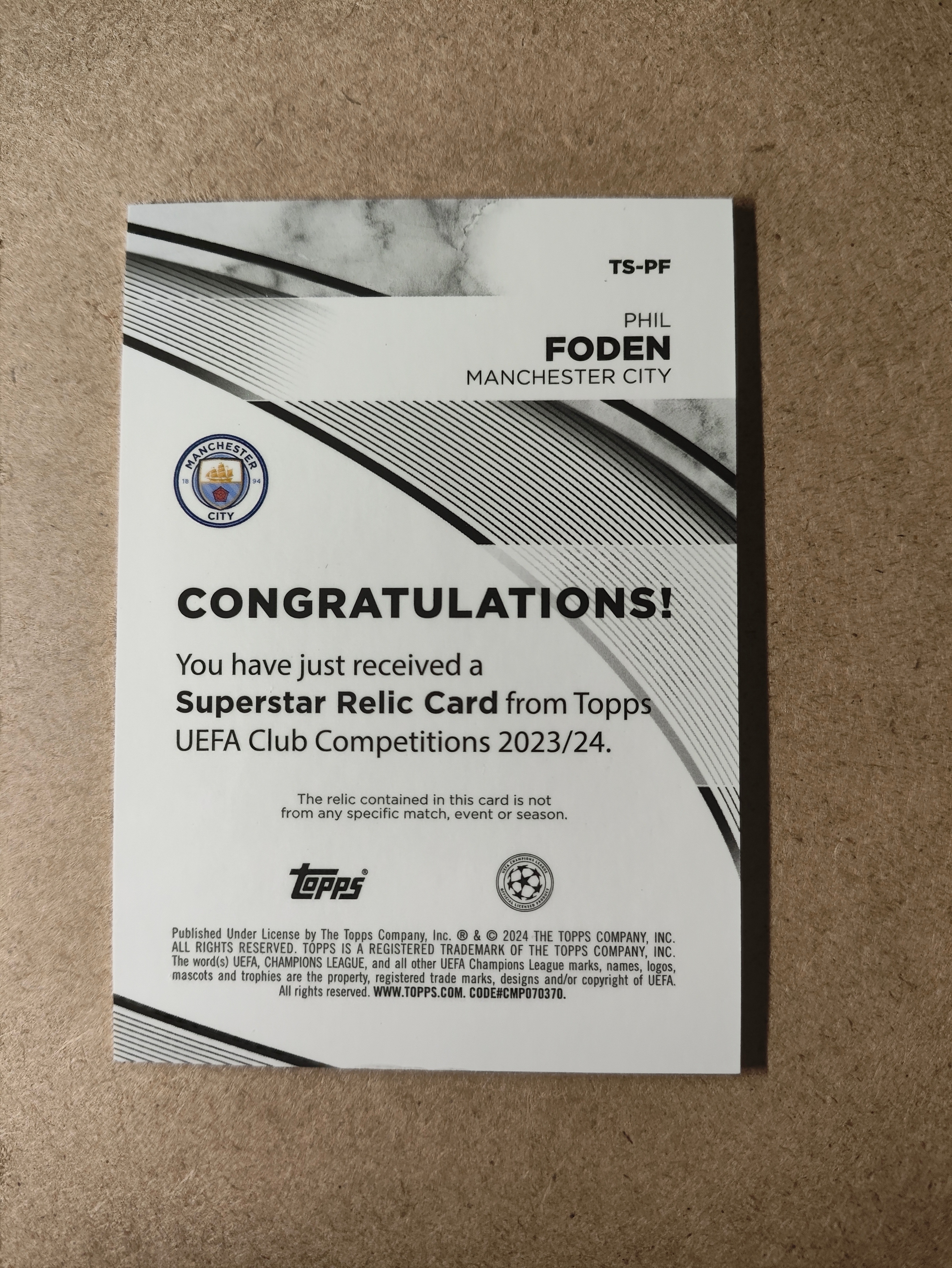 2024 Topps Topps Phil Foden 欧冠 欧战 UCC 菲尔 福登 曼城 英格兰 物料切割 卡品如图 未来可期 太子 球衣