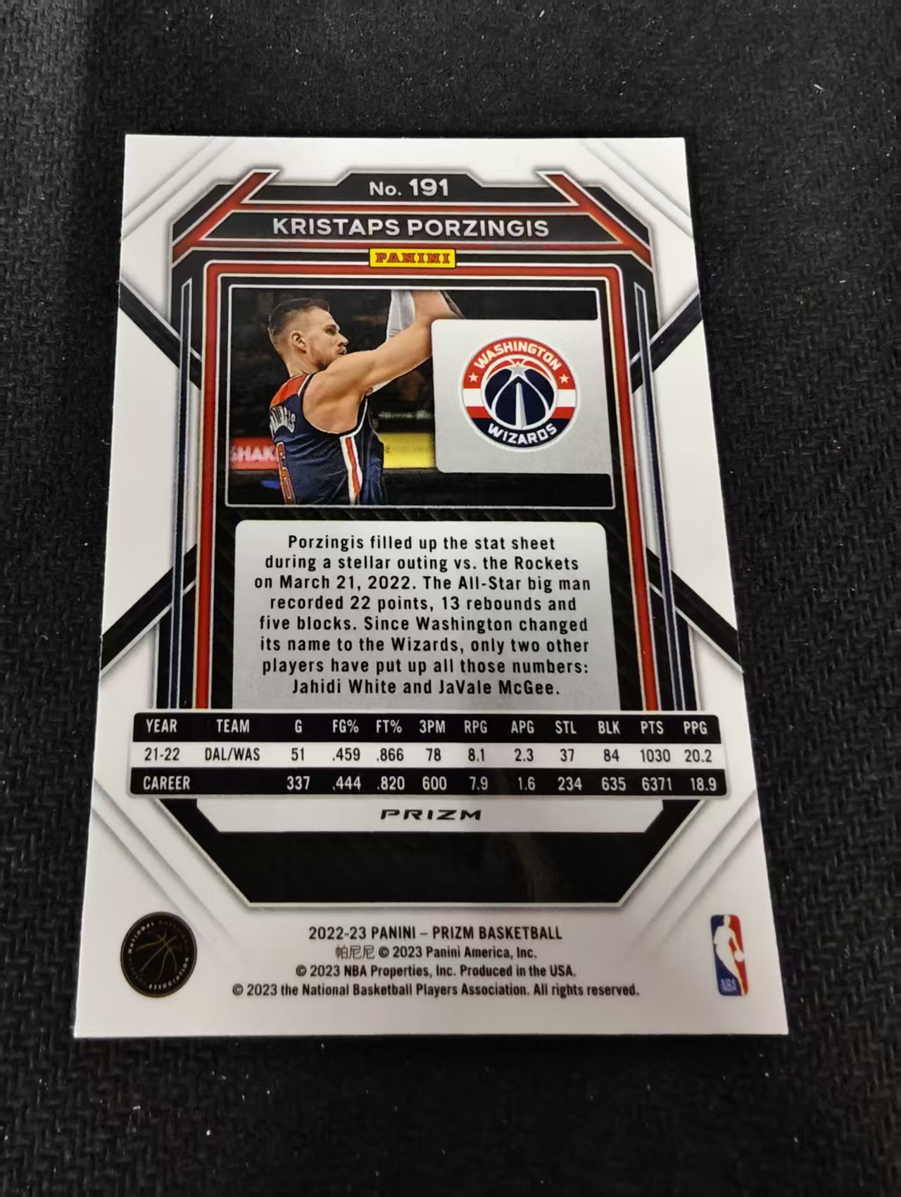 2022-23 Panini Prizm Kristaps Porzingis 奇才 克里斯塔普斯 波尔津吉斯 红波纹 PZ 划痕 边角瑕疵 #191