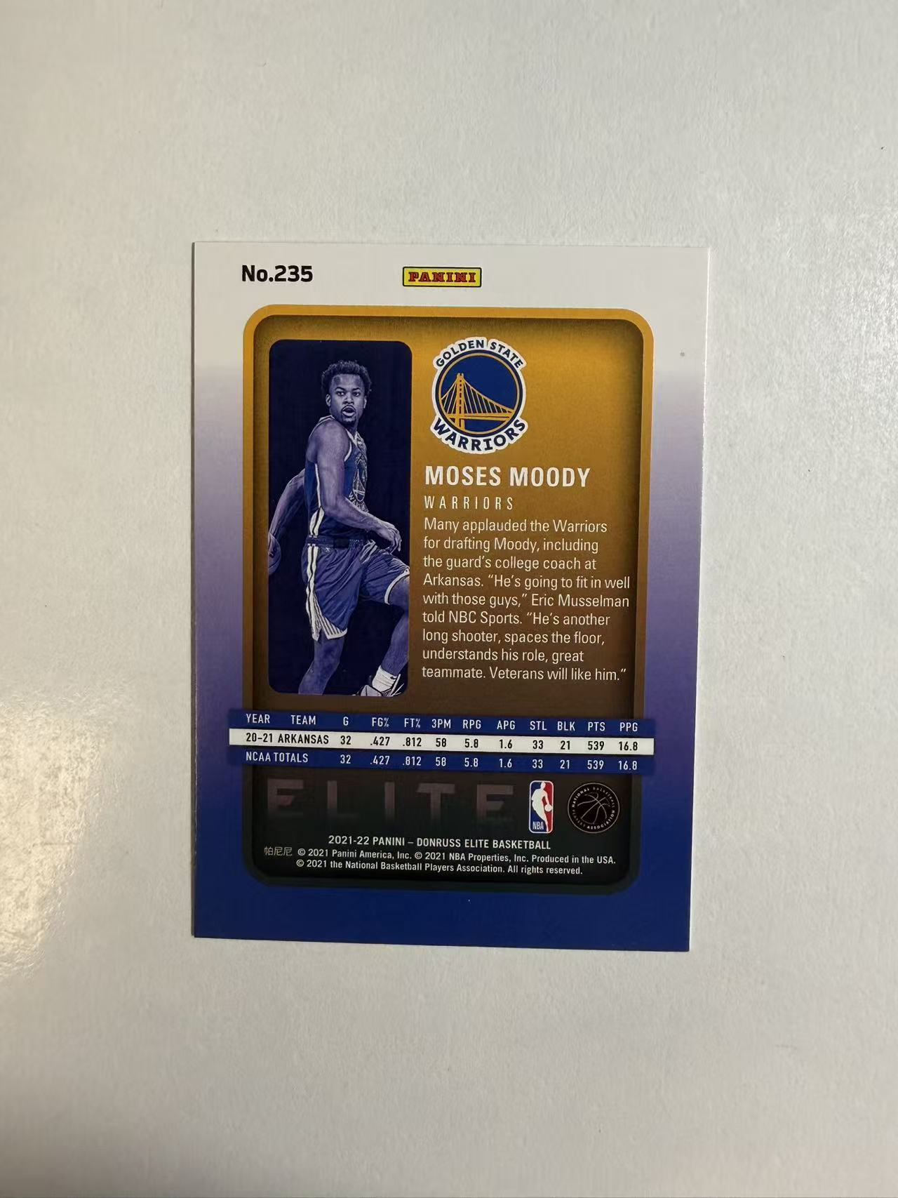 2021-22 Panini Donruss Elite Moses Moody RC 新秀年 勇士 杜蕾斯 摩西 穆迪 精英 999编 折射卡品如图 不保卡品 介意勿拍