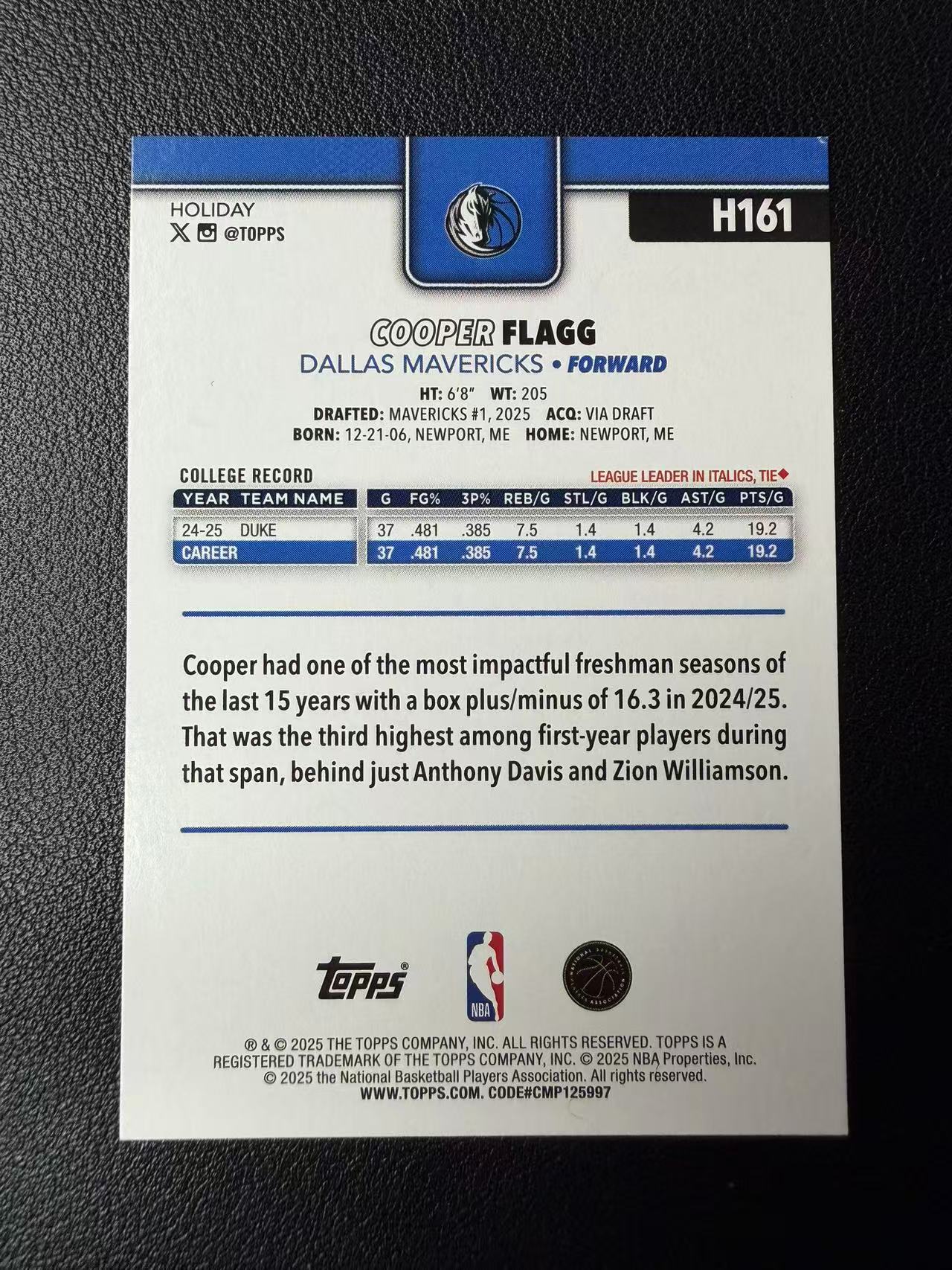 2025 Topps Holiday Cooper Flagg RC Topps 假日系列 独行侠 库珀 弗拉格 新秀 Base 圣诞元素 卡品如图(郭)1