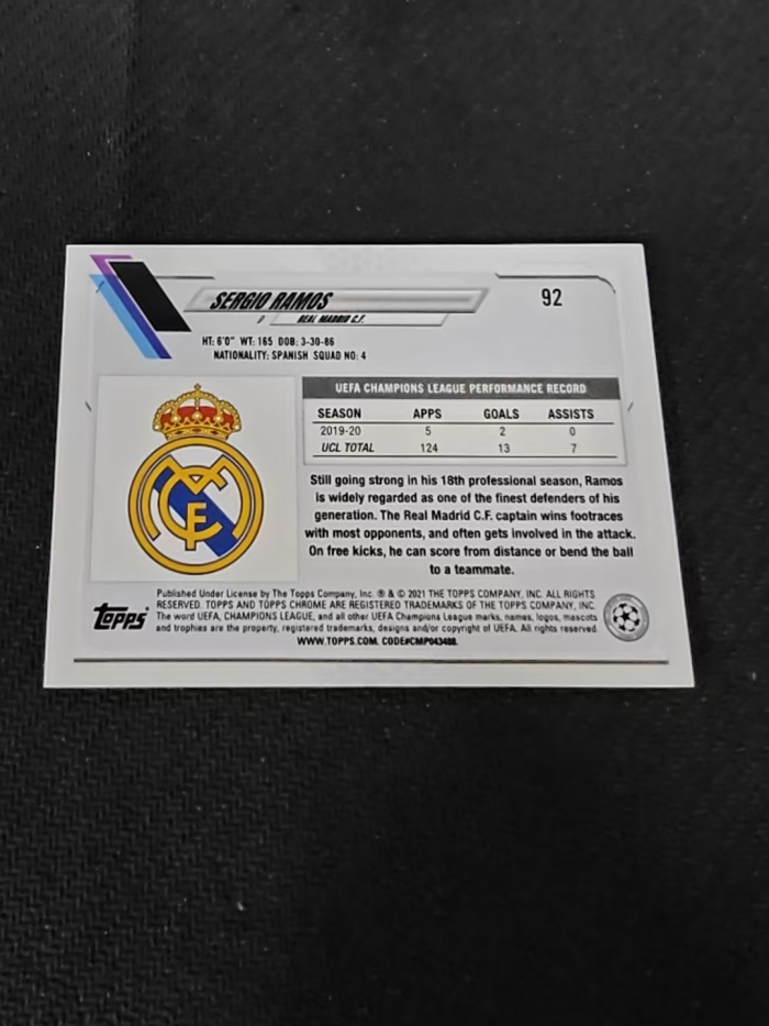 【可合并,不累计】 2021 Topps Chrome Sergio Ramos 塞尔吉奥 拉莫斯 水爷 皇家马德里 欧冠 碎花折 碎点折 划痕 边角瑕疵 #92