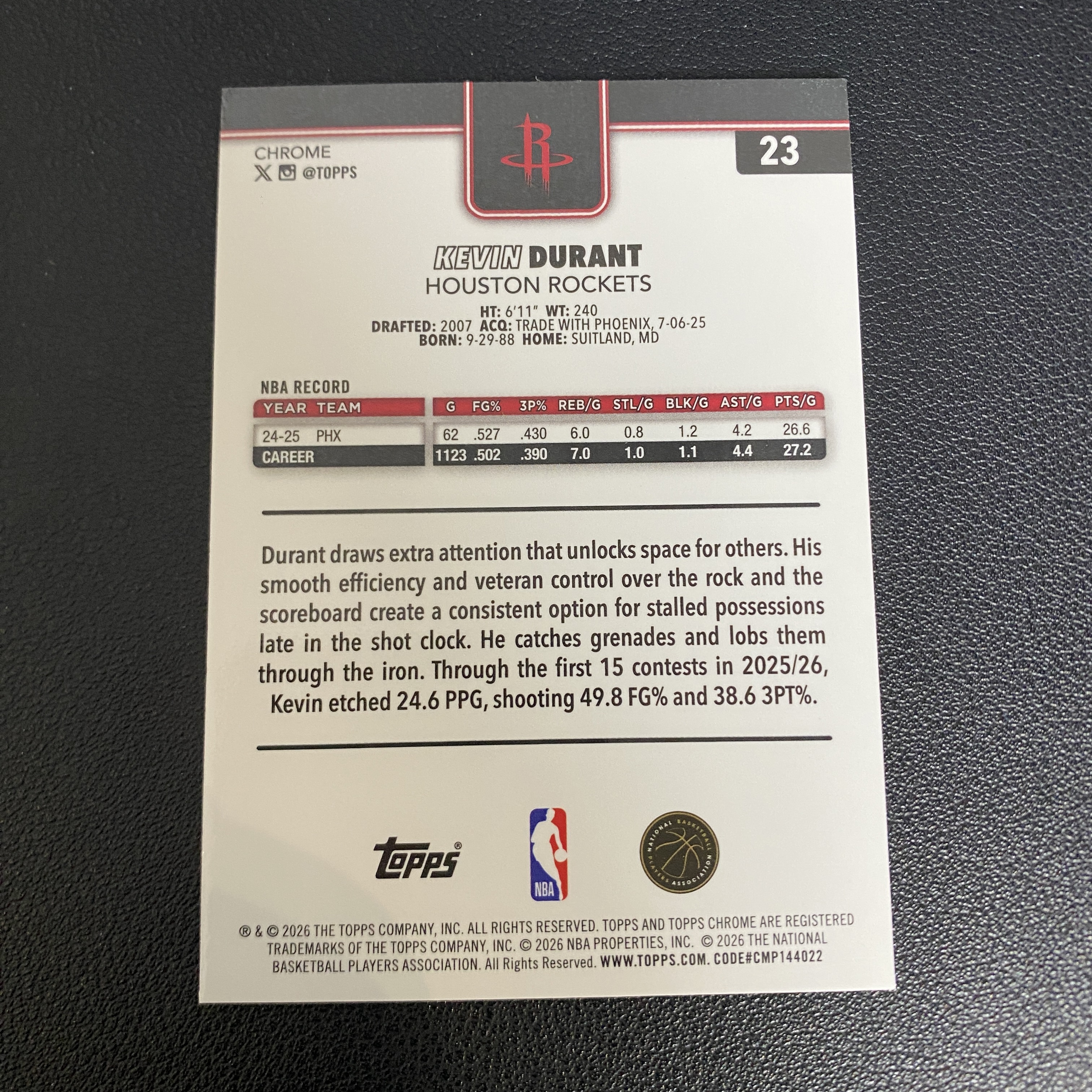 【伦子】2026 Topps Chrome Update TCU 火箭 Kevin Durant 杜兰特 KD 银格子 棋盘折 TCU 大飞820
